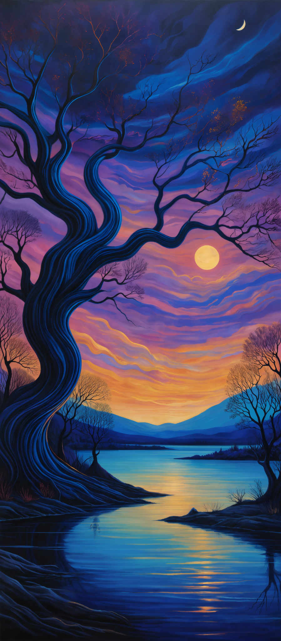 The image showcases a vibrant and colorful landscape. The sky is painted in hues of blue, purple, and pink, with streaks of orange and yellow near the horizon, suggesting a sunset or sunrise. A crescent moon is visible in the top right corner. Dominating the foreground is a large, twisted tree with blue-tinted branches. The tree's reflection can be seen in the calm waters below. The background features a serene lake or river, with distant mountains on the horizon. The overall ambiance of the image is tranquil and mystical.