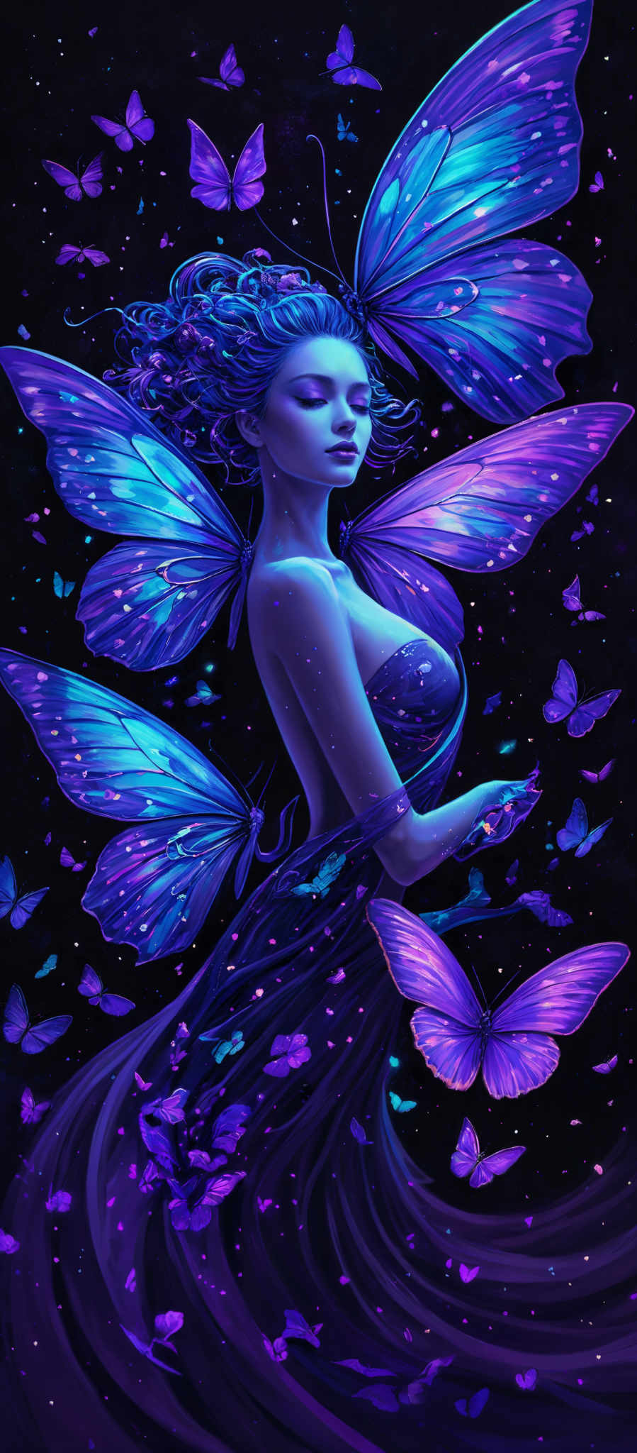 The image showcases a woman with vibrant blue and purple hues, reminiscent of a butterfly. She has large, translucent wings that are a mix of blue and violet, adorned with sparkling details. Her hair is a deep blue, cascading around her face and shoulders. The background is a dark, almost black canvas, dotted with small, luminescent butterflies and specks of light. The woman's attire is a flowing, dark dress that contrasts with her vivid wings and hair.