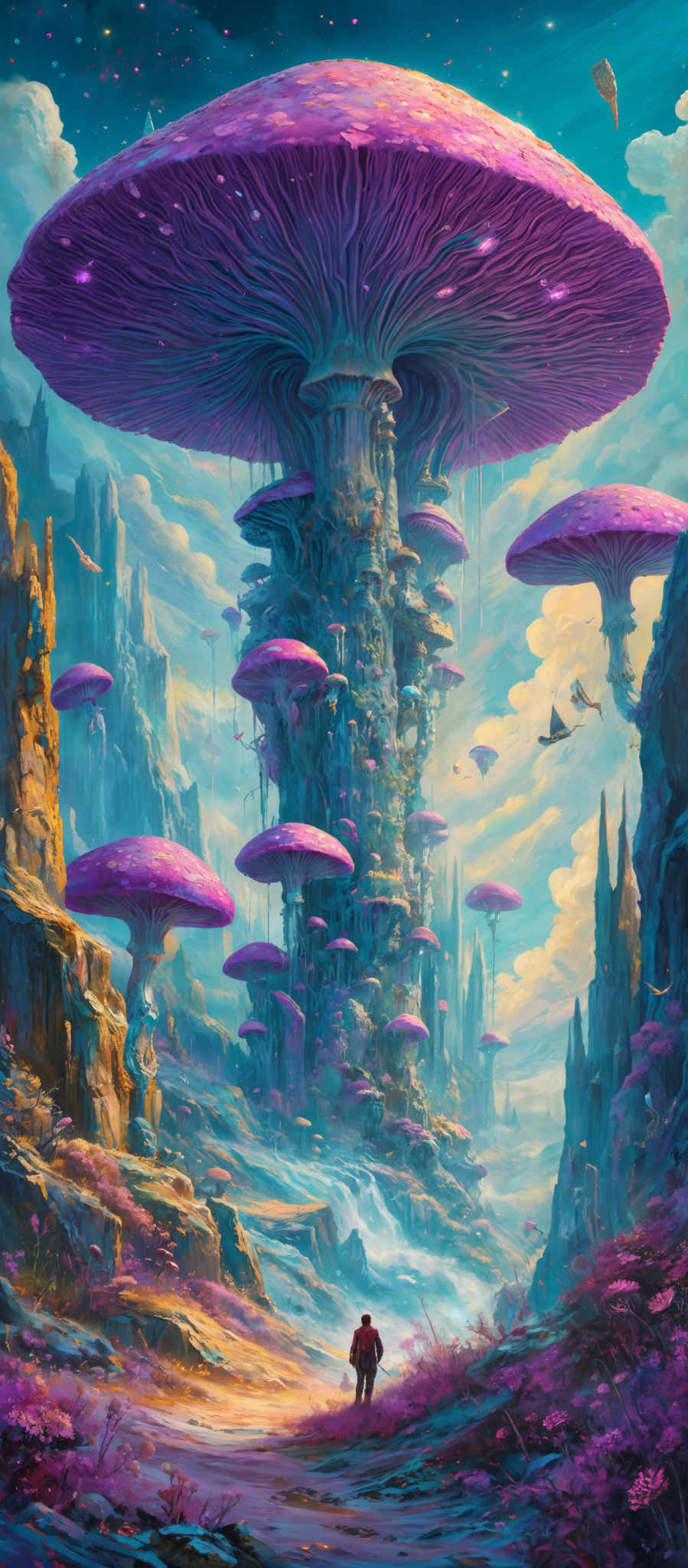 The image showcases a vibrant and fantastical landscape dominated by large, mushroom-like structures. These mushrooms have a luminescent pinkish hue with intricate details and structures resembling buildings or cities within them. The sky is a mix of blues and whites, with floating islands and celestial bodies. The ground is adorned with pink flowers, and there are rock formations on the left and right. A lone figure stands in the foreground, gazing up at the magnificent mushrooms, adding a sense of scale and wonder to the scene.