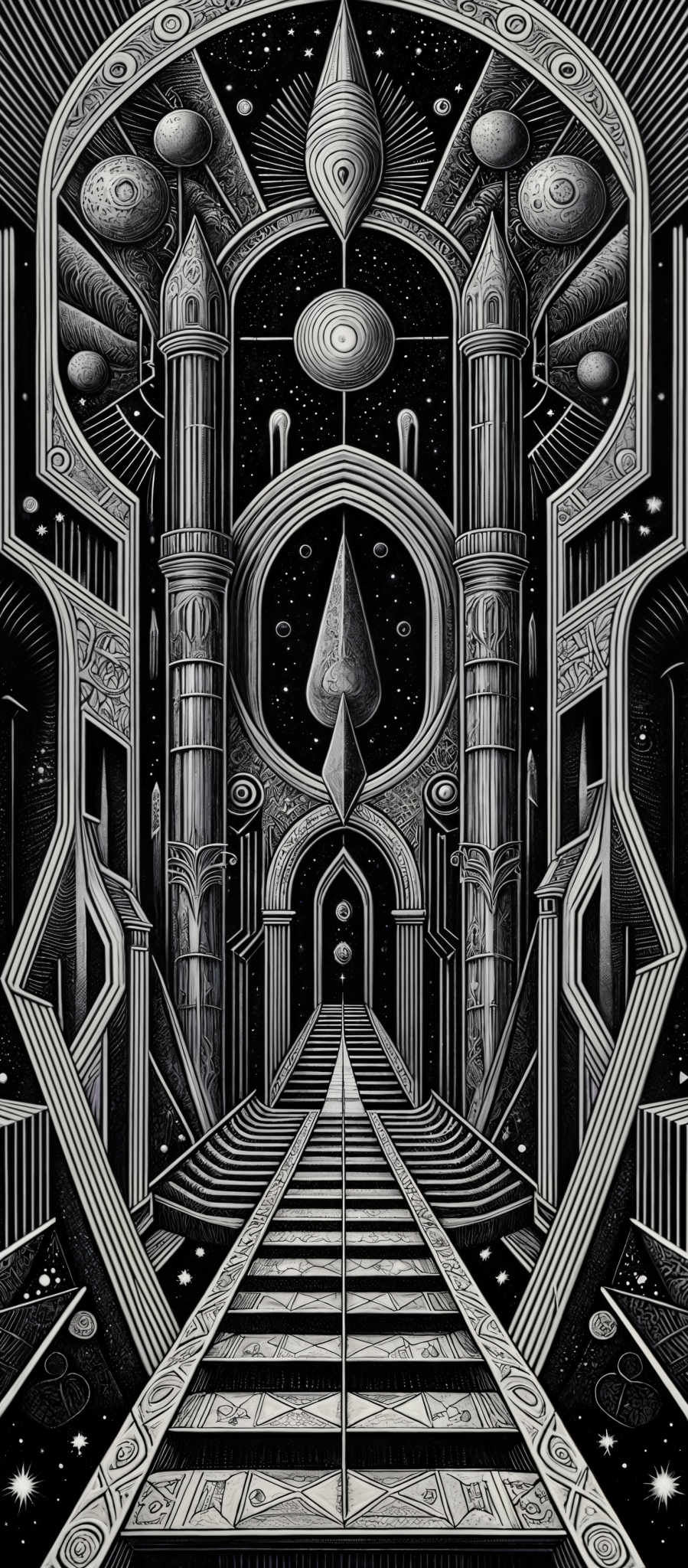 The image is predominantly in black and white, showcasing intricate patterns and designs. The central theme appears to be a grand architectural structure, possibly a temple or palace, with symmetrical towers and arches. The sky above is filled with celestial bodies, including planets and stars, adding a cosmic touch. The pathway leading to the structure is adorned with geometric patterns and symbols, suggesting a path of significance or spiritual journey.