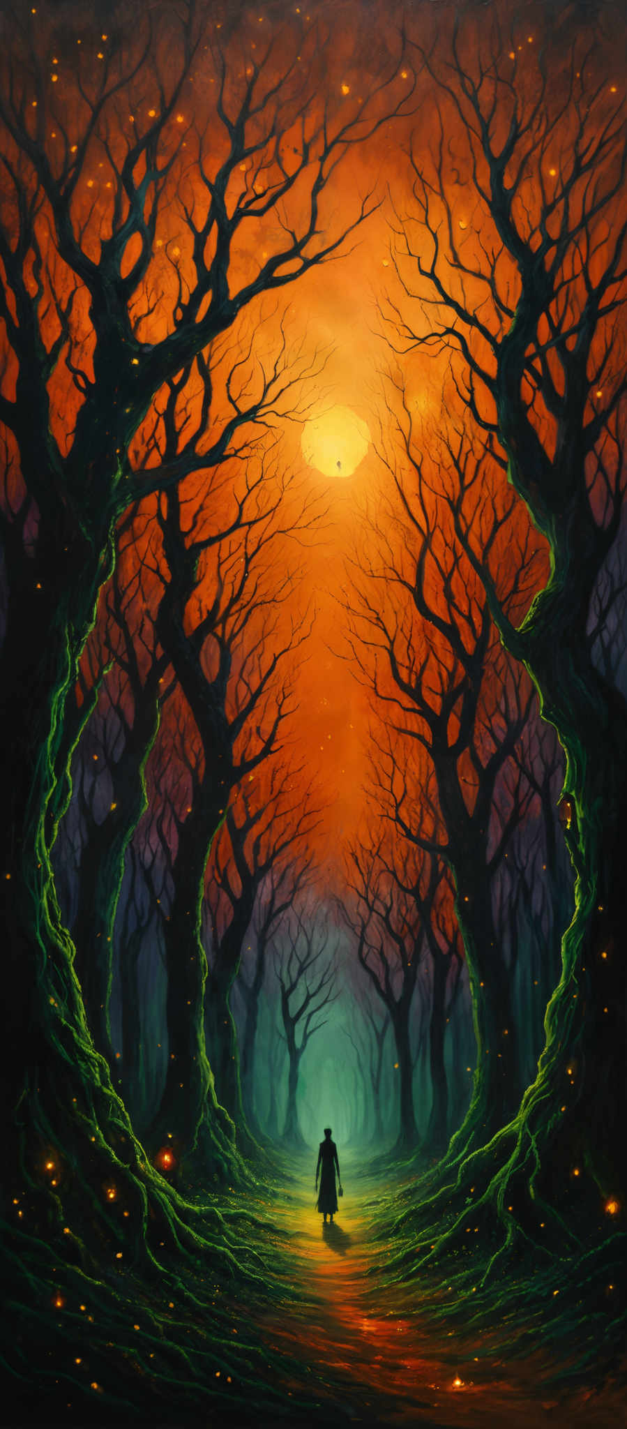 The image showcases a surreal and mystical forest with tall, gnarled trees that have intricate and intertwining branches. The trees are bathed in a warm, fiery orange hue, possibly from the setting or rising sun, which casts a glow throughout the scene. The ground is covered in a thick layer of moss or grass, and there are numerous glowing orbs scattered throughout, giving the forest a magical aura. In the distance, a lone figure stands, silhouetted against the light, adding a sense of scale and mystery to the scene, as they seem to be walking towards a bright, ethereal light at the end of the path.