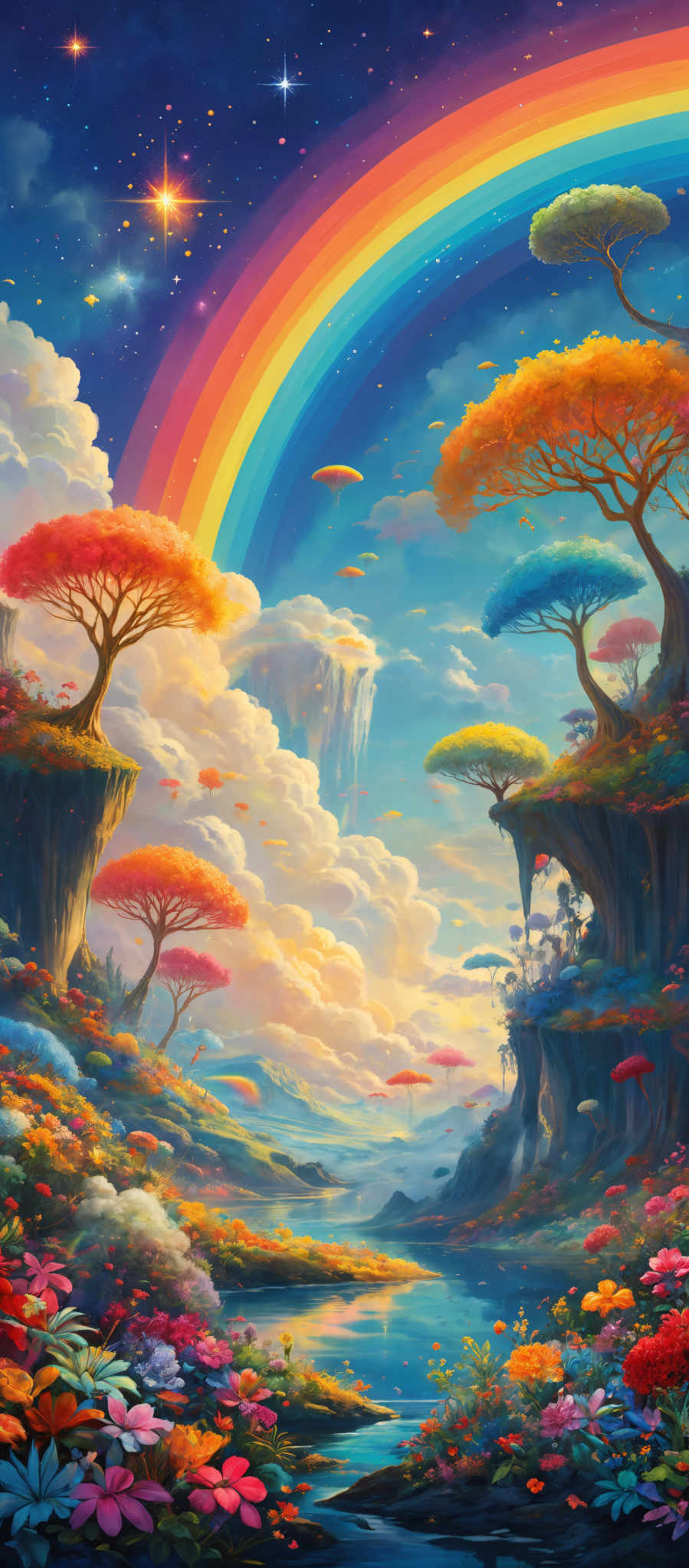 The image showcases a vibrant and colorful landscape. The sky is painted with shades of blue, transitioning to a radiant rainbow that spans across the scene. There are fluffy white clouds scattered throughout the sky, and a few bright stars are visible. Below, there are floating islands with trees that have vividly colored foliage, ranging from red to green. The landscape is adorned with a variety of flowers in shades like pink, purple, and orange. A serene river flows through the center, reflecting the colors of the sky and surrounding scenery. The entire image exudes a dreamy and magical ambiance.