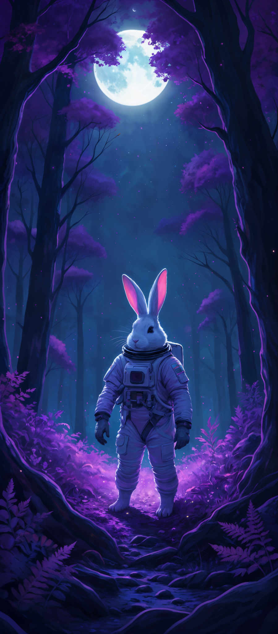 The image predominantly features shades of purple and blue. The trees are tall and slender, with their branches arching upwards, creating an archway effect. The ground is covered in vibrant purple ferns and foliage. A large, bright moon is visible in the background, casting a soft glow over the scene. In the foreground, there's a rabbit wearing an astronaut suit, standing amidst the forest, looking up at the moon.