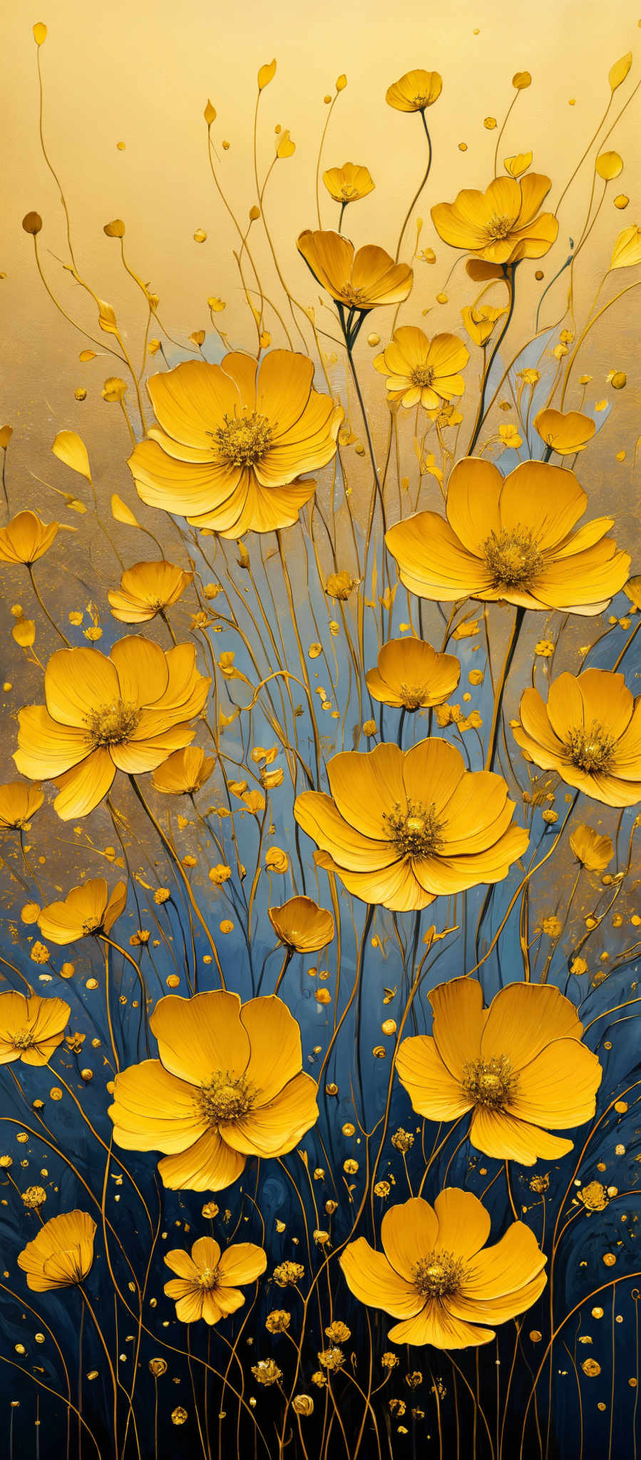 The image showcases a vibrant and colorful artwork of yellow flowers. The flowers are large, round, and predominantly yellow with intricate details in their centers. They are set against a gradient background that transitions from a warm golden hue at the top to a cooler blue at the bottom. The background also has smaller blue flowers and green stems, adding depth and contrast to the scene.