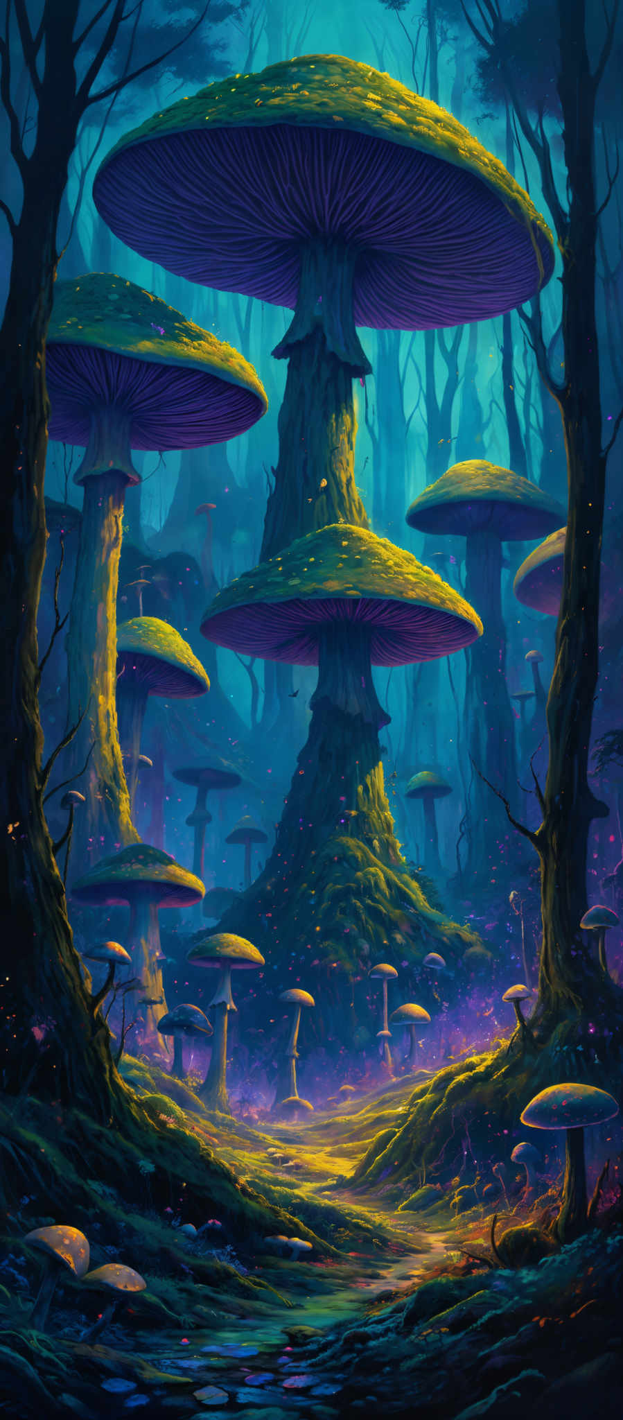 The image showcases a vibrant and mystical forest scene dominated by gigantic mushrooms. These mushroom caps are large, with hues of purple and yellow, and they have a ribbed texture. The stems of the mushrooms are thick and appear to be made of wood. The forest floor is covered in a mix of moss, small plants, and fallen leaves. There are also smaller mushroms scattered throughout the scene. The background is filled with tall, slender trees, and the entire scene is illuminated by a soft, ethereal light, giving it a dreamy and magical ambiance.