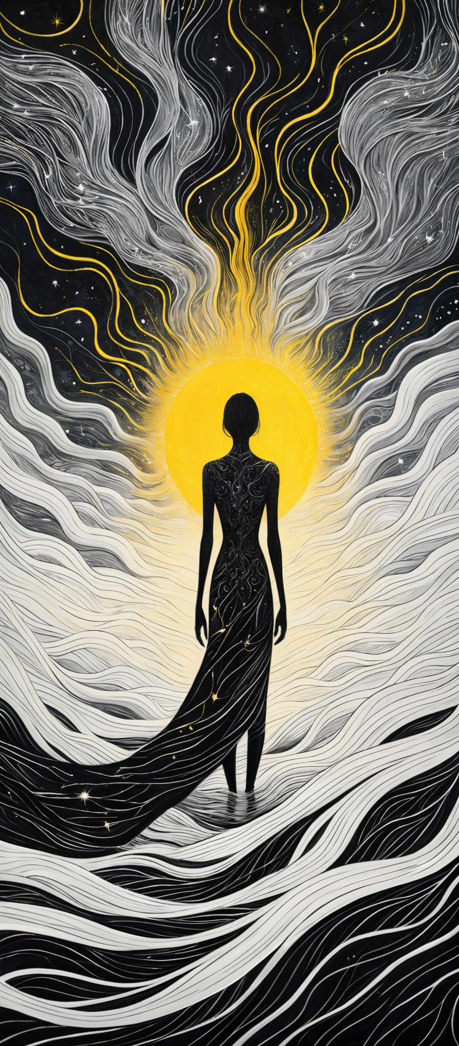 The image predominantly features a dark background with swirling patterns of white and black. At the center, there's a bright yellow circle, resembling a sun or a star, emanating a radiant glow. Surrounding this central figure are intricate patterns of flowing lines, both black and white, that seem to be intertwined and interconnected. The silhouette of a human figure stands in front of this glowing circle, with detailed patterns on their back and a long flowing garment that extends behind them. The entire scene gives a sense of mysticism and otherworldliness.