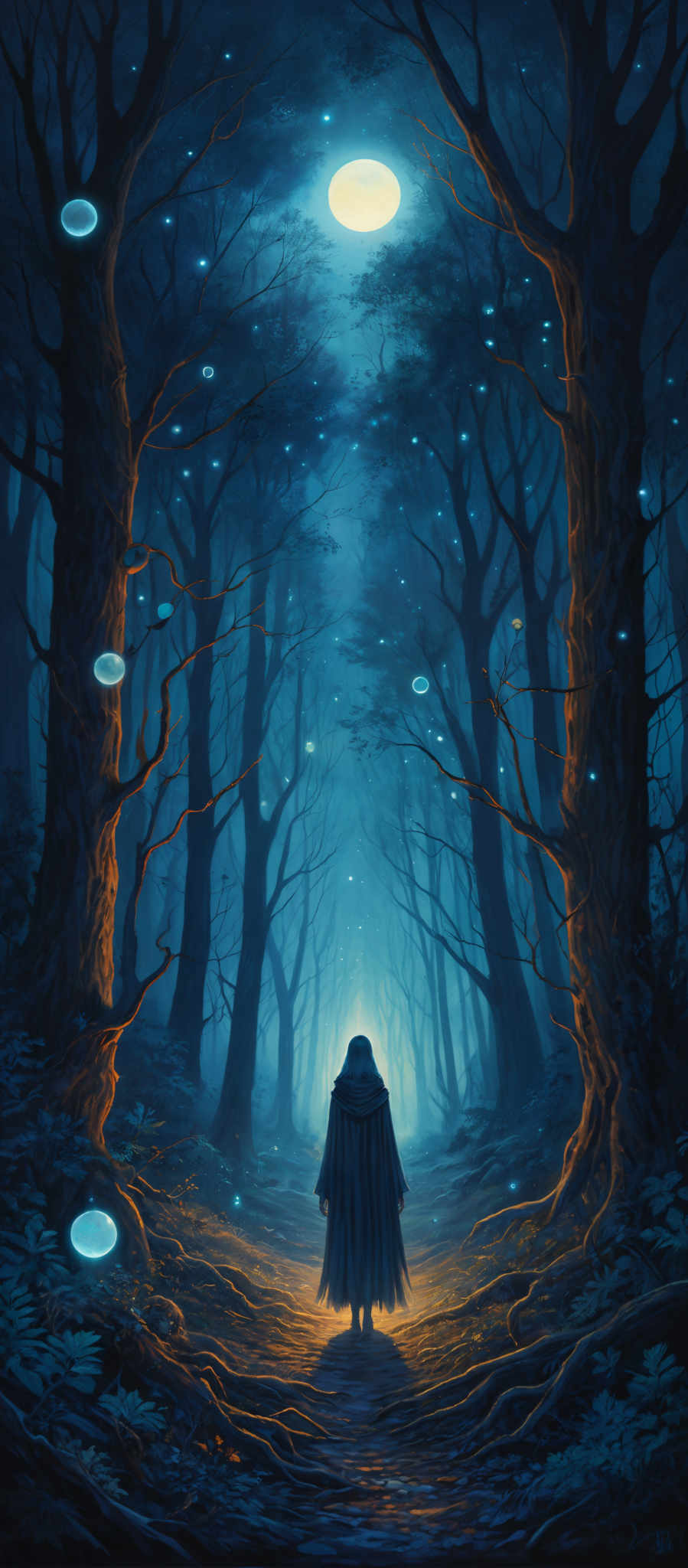 The image predominantly features shades of blue and dark hues, creating a mysterious and enchanting atmosphere. The trees are tall and have gnarled branches, and their trunks are dark, almost black. The ground is covered with fallen leaves and there are glowing orbs scattered throughout the forest, illuminating the scene. A luminous moon or celestial body is visible in the background, casting a soft light over the entire scene. In the center, there's a figure draped in a cloak, standing and looking upwards, possibly in awe or contemplation of the surroundings.