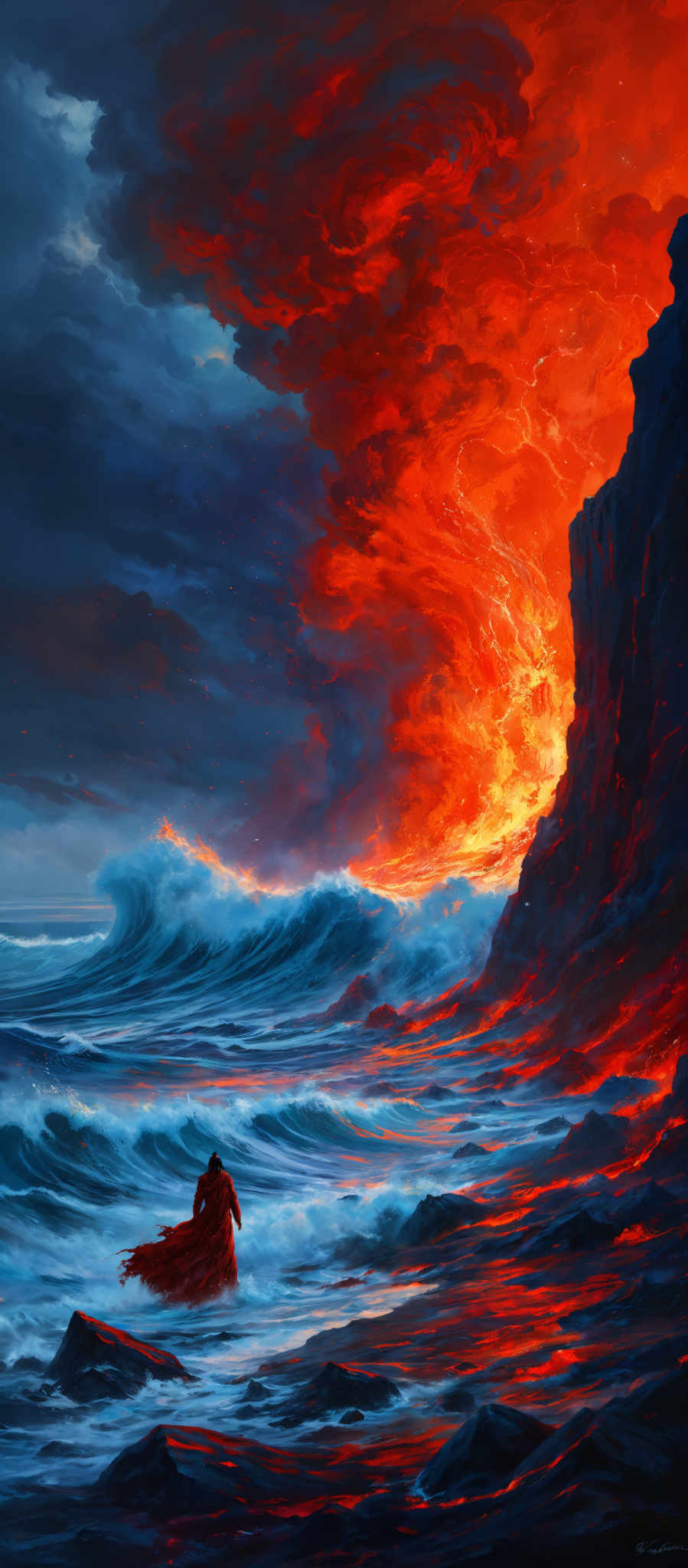 The image showcases a dramatic and intense scene. The dominant colors are fiery reds, deep blues, and dark grays. The fiery eruption, possibly from a volcano, dominates the upper half of the image, with molten lava flowing and billowing dark smoke. The lower half of this image portrays a tumultuous sea with large waves crashing against rocky shores. Amidst this chaos, a lone figure draped in a red cloak stands, seemingly observing the eruptions. The waves appear to be churned by the heat from the erupting volcano. The overall mood of the artwork is one of awe, danger, and nature's raw power.