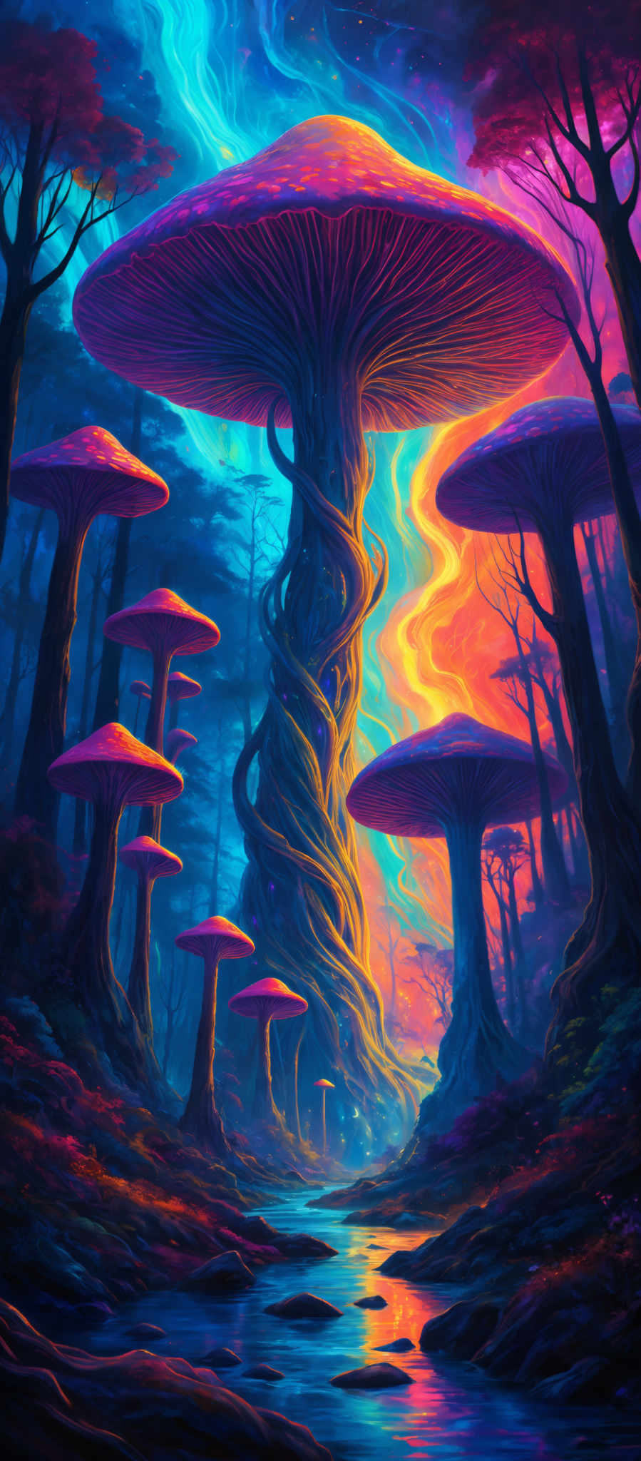 The image showcases a vibrant and surreal landscape dominated by large, oversized mushrooms. The mushroom caps are a deep shade of purple with glowing spots, while the stems are intricately twisted and intertwined, forming a central towering structure. The background is a mesmerizing blend of blues, purples, and fiery oranges and yellows, suggesting a cosmic or otherworldly setting. The scene is illuminated by a radiant light source that emanates from the central mushrom, casting a warm glow on the surrounding area. The ground is dotted with rocks and small plants, and there's a serene stream flowing through the scene.