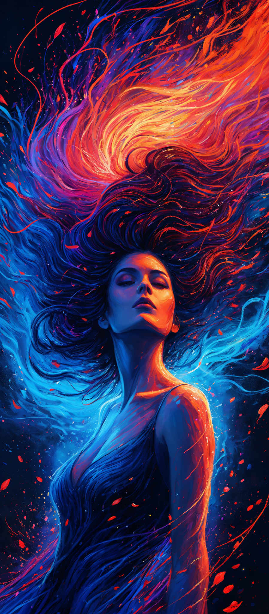 The image showcases a woman with her hair swirling upwards, intertwined with vibrant, swirled patterns of colors. The dominant colors are shades of blue, red, and orange, creating a dynamic and energetic atmosphere. The woman's face is serene, contrasting with the chaotic movement of her hair and the surrounding colors.