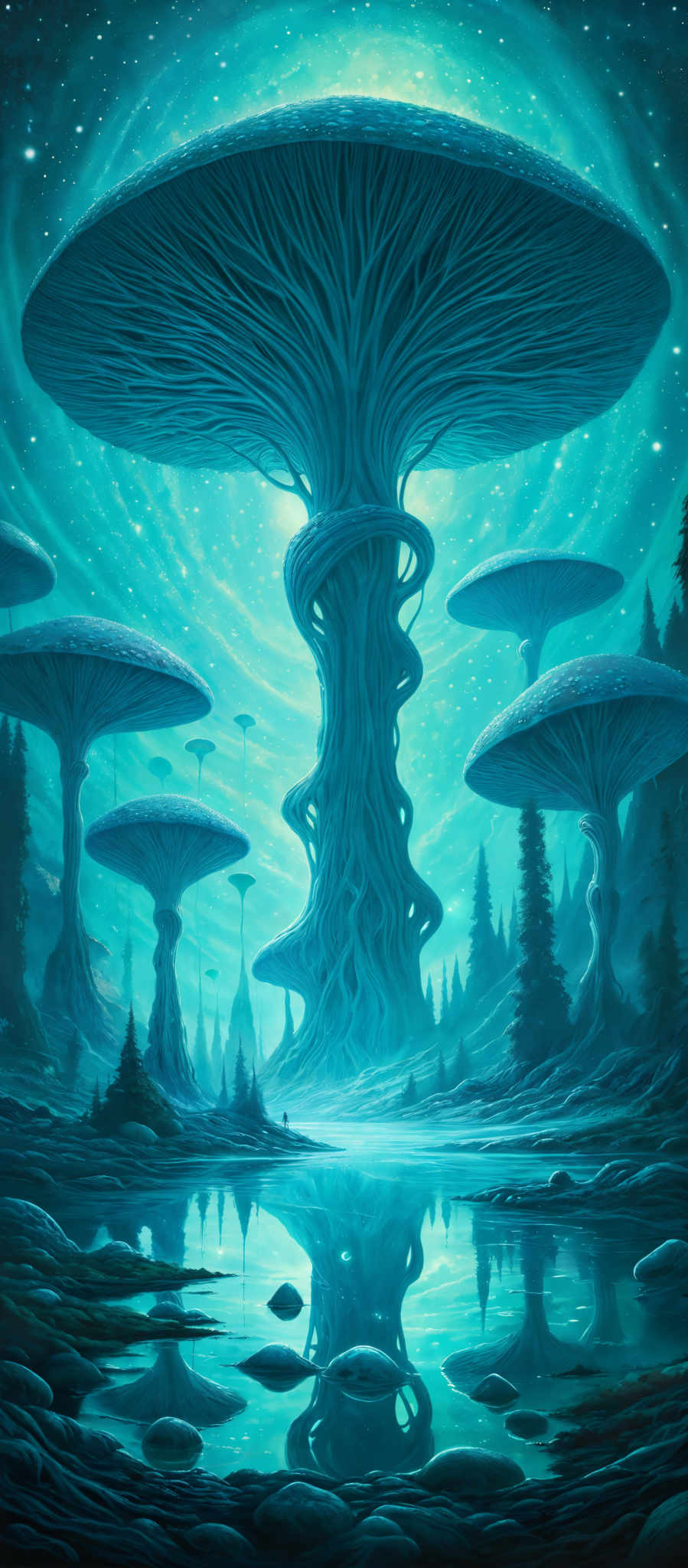 The image showcases a surreal landscape dominated by gigantic mushrooms. These mushroom structures have an umbrella-like canopy with intricate patterns and are supported by thick, twisted stems. The background is a mesmerizing shade of blue, with swirling patterns that give an impression of a cosmic or magical atmosphere. The ground is reflective, with the mushrooms and the sky mirrored in a serene body of water. There are also smaller mushroms floating in the distance, and the entire scene is set against a backdrop of a starry night sky.