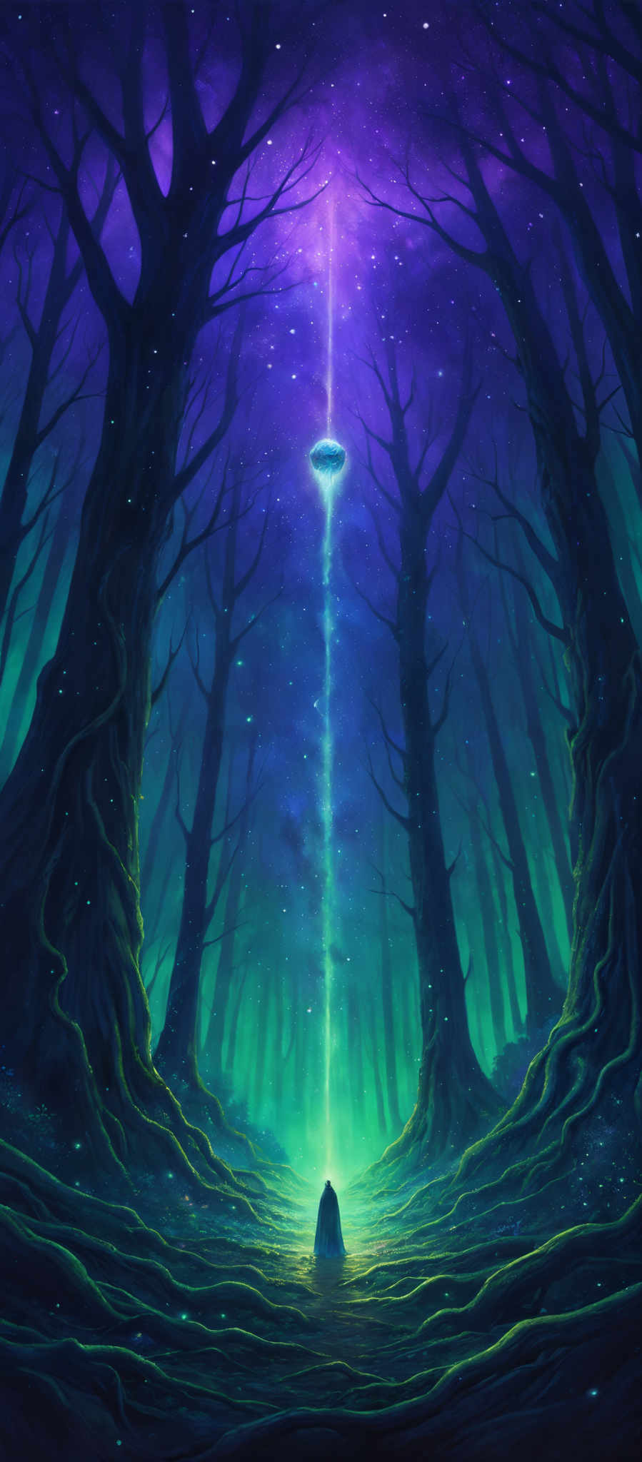 The image showcases a mystical forest with tall, gnarled trees that stretch upwards. The sky is awash with hues of purple, blue, and green, with a radiant beam of light piercing through the center. This beam illuminates the forest floor, revealing intricate patterns and details of the roots and ground. A solitary figure stands in the distance, dwarfed by the grandeur of the scene, gazing up at the light. The entire setting exudes a sense of wonder, magic, and the unknown.