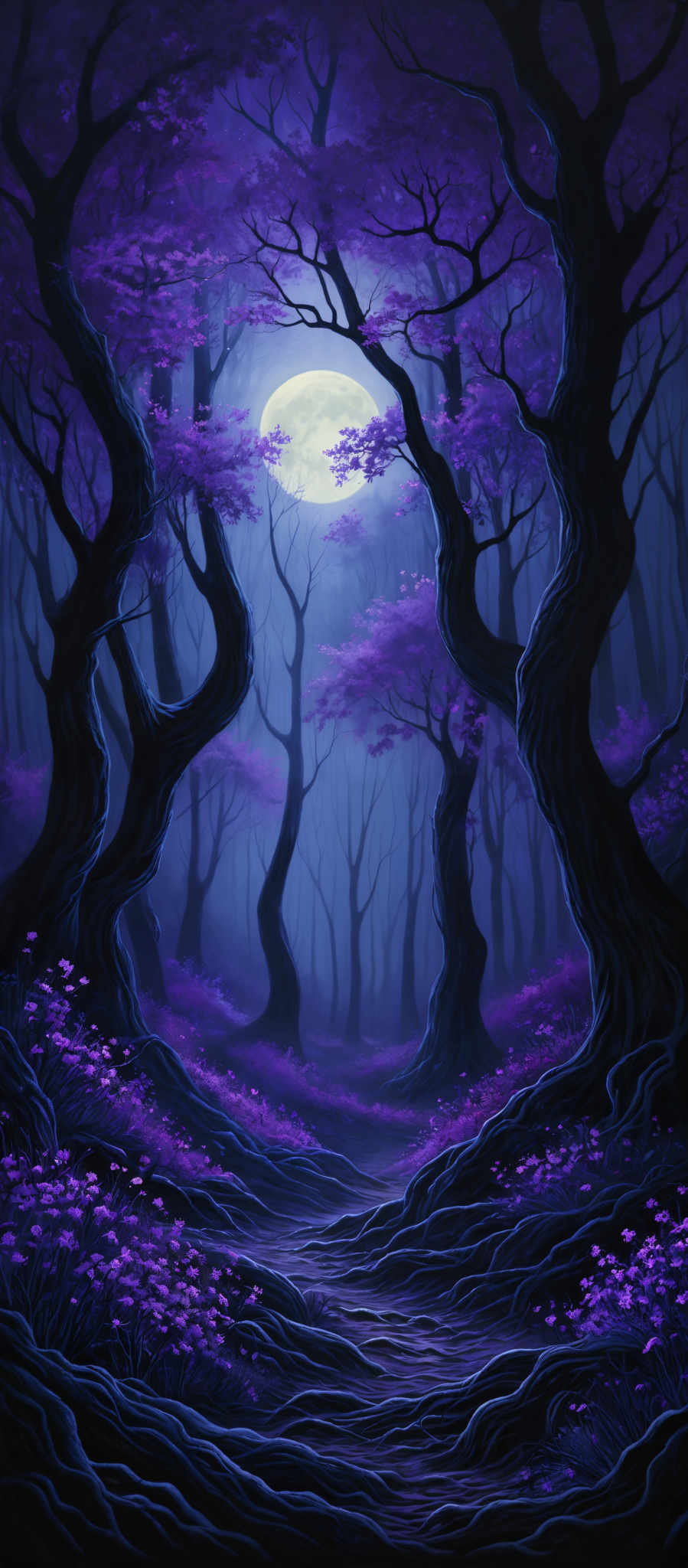 The image showcases a mystical forest scene dominated by shades of purple and blue. The trees have twisted and gnarled trunks, and their branches are adorned with vibrant purple blossoms. The ground is covered with a thick carpet of these flowers, interspersed with dark roots that stretch out in intricate patterns. A soft, glowing moon can be seen in the background, casting a gentle light over the scene. The overall ambiance is serene and enchanting, evoking feelings of wonder and tranquility.