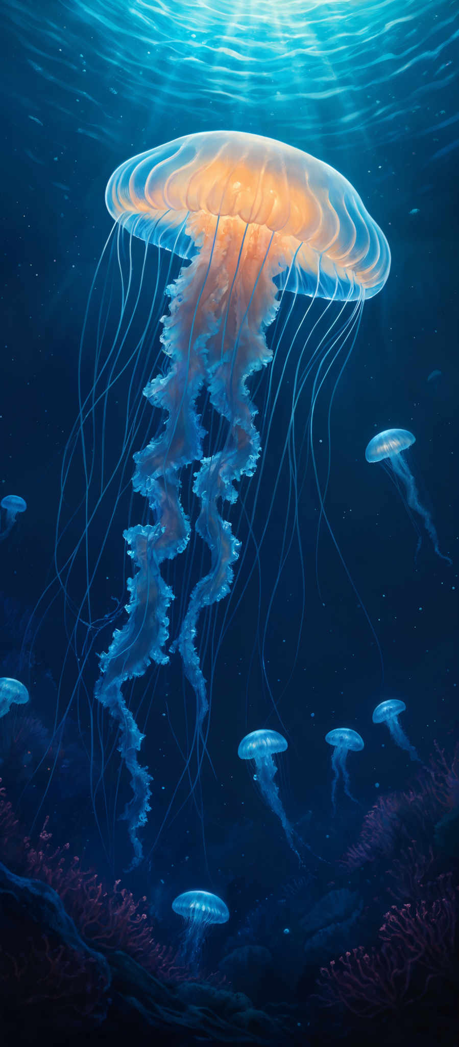 The image showcases a large, translucent jellyfish with an umbrella-like shape, predominantly in shades of orange and white. It has long, delicate tentacles that flow downwards. The background is a deep blue, representing the ocean, with smaller jellyfis and a hint of coral formations at the bottom. Above the jellyfi, there's a play of light, creating a shimmering effect on the water's surface.