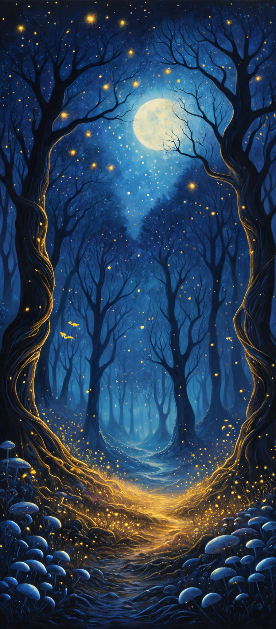 The image showcases a mystical forest scene during nighttime. Dominating the scene are two large, twisted trees with gnarled branches that arch over a pathway. The pathway is illuminated with a golden glow, possibly from the moon or some other light source, and is surrounded by a carpet of luminescent mushrooms. Above, the sky is filled with shimmering stars, and a large, bright moon shines down, casting its light on the forest below. The overall color palette is a mix of deep blues, golds, and the dark silhouettes of the trees.