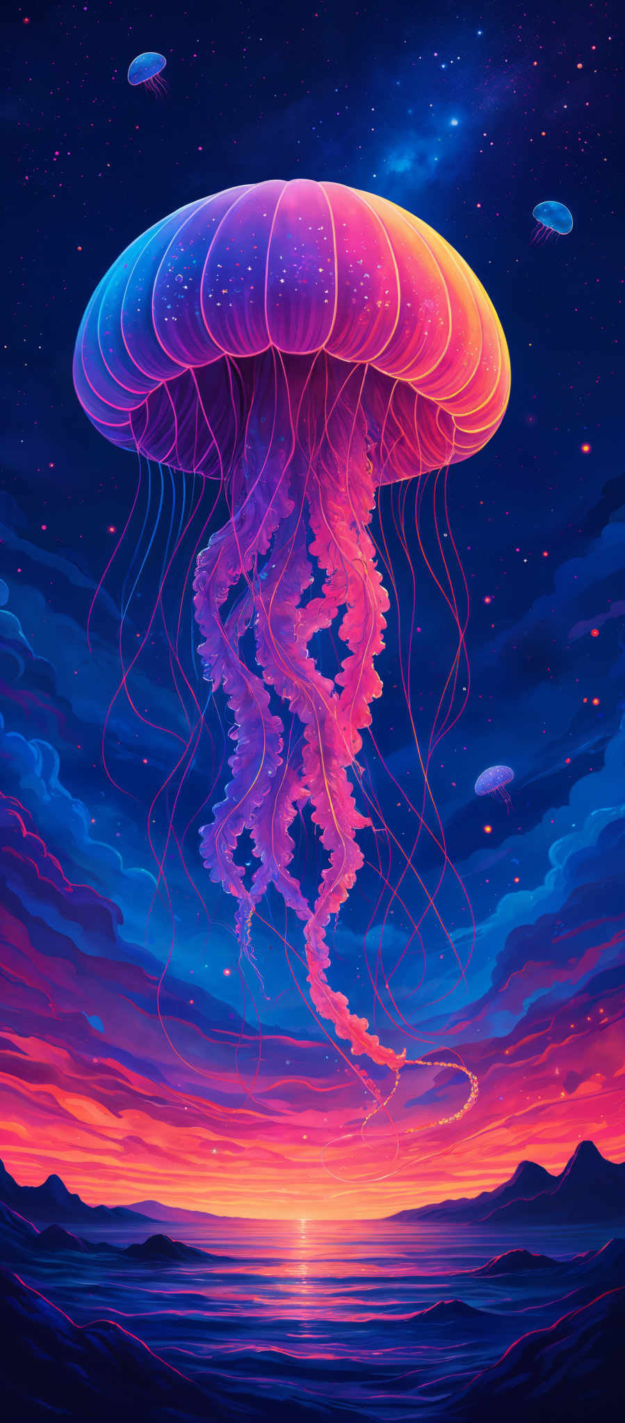 The image showcases a vibrant and surreal scene. At the top, there's a large jellyfish with a translucent, dome-shaped body that glows in hues of pink and blue. Its tentacles flow downwards, and they too are illuminated with a mix of pinks, purples, and blues. Surrounding the jelly fish are smaller jellyfishing, floating in the deep blue space. The background is a mesmerizing depiction of a starry night sky with swirling clouds and a radiant sunset or sunrise on the horizon. The colors are vivid, with deep blues, purple, pink, and orange blending seamlessly. The entire scene gives a dreamy, otherworldly vibe.