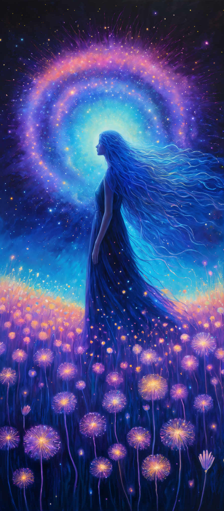 The image showcases a vibrant and ethereal scene. The dominant colors are shades of blue, purple, and pink, creating a dreamy and otherworldly atmosphere. The central figure is a woman with flowing blue hair, standing amidst a field of luminescent flowers. She is illuminated by a radiant halo of light, which seems to emanate from behind her. The sky above is a mesmerizing blend of deep blues and purples, dotted with twinkling stars and a radiating galaxy-like formation. The entire scene exudes a sense of magic, wonder, and connection with the universe.