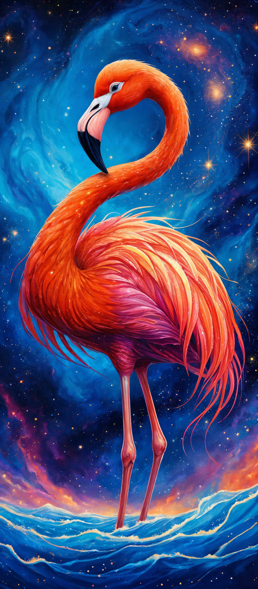 The image showcases a vibrant and colorful depiction of a flamingo. The flamingos are painted in a rich shade of orange, with intricate details highlighting the texture of its feathers. The background is a mesmerizing blend of deep blues and purples, representing a cosmic or nebulous setting. The sky is dotted with bright stars, and there are swirling patterns that give the impression of a galaxy or nebula. The lower part of the image displays a serene body of water with gentle waves, reflecting the colors of the sky.