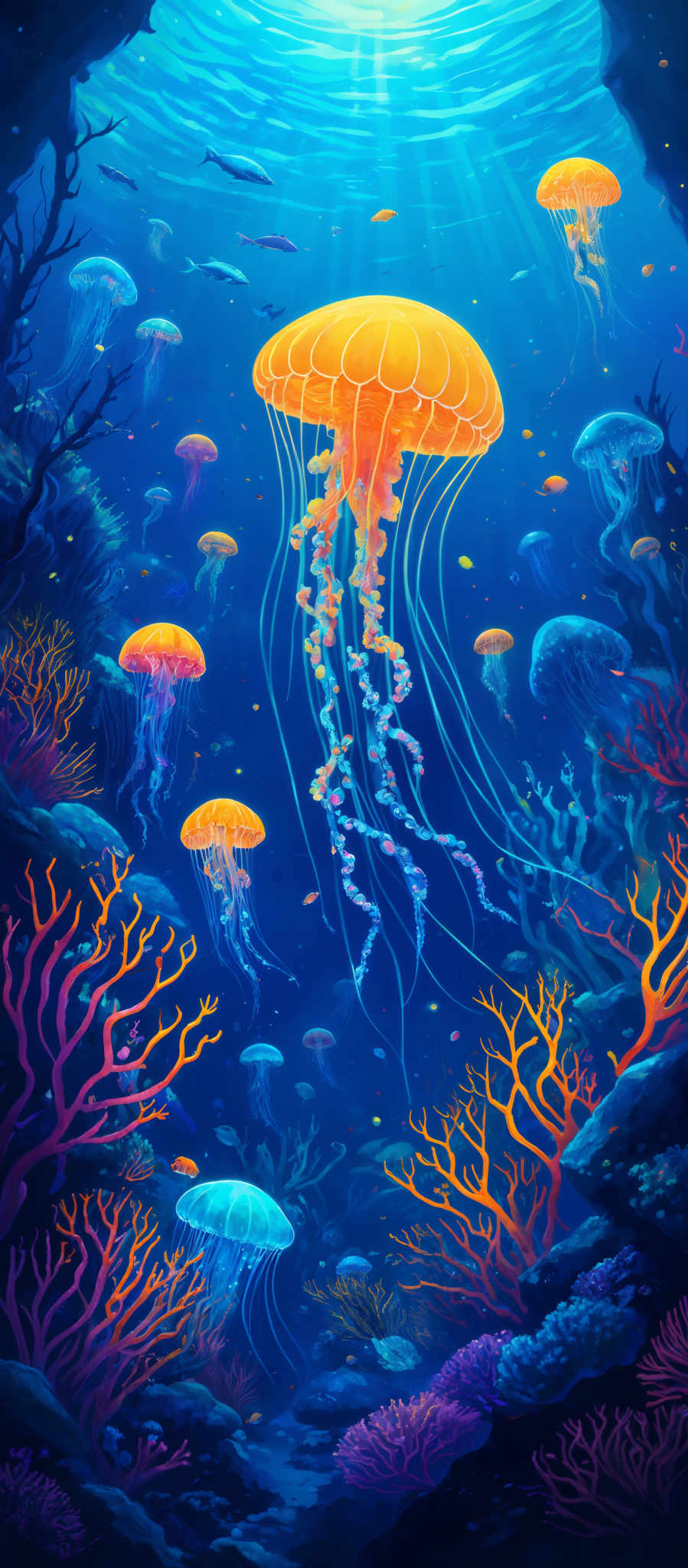 The image showcases an underwater scene with vibrant colors. Dominating the scene are jellyfish, which come in various sizes and colors, including bright orange and deep blue. The water is depicted in shades of blue, with sunlight filtering down from the surface, creating a shimmering effect. There are also various marine plants and corals, with intricate designs and colors like purple, orange, and green. The overall ambiance is serene and mystical, capturing the beauty and mystery of the deep ocean.