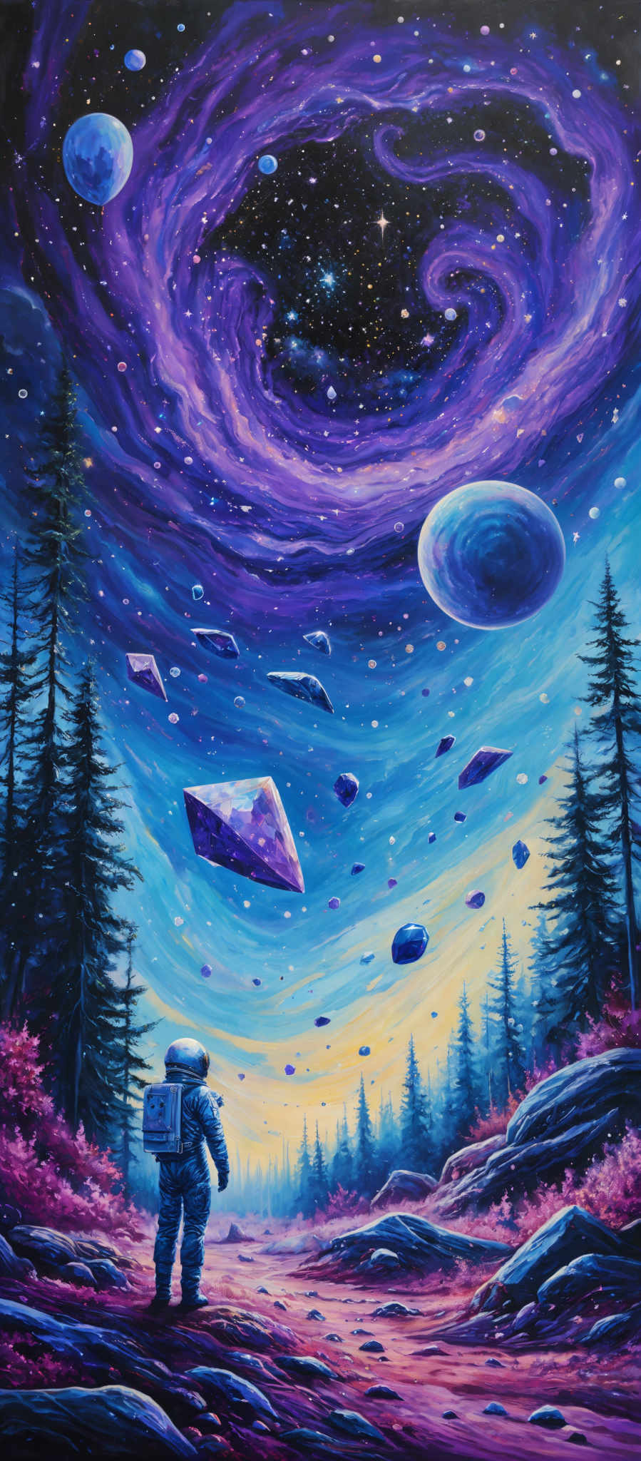 The image showcases a vibrant cosmic scene with swirling purple and blue nebulas. There are various celestial bodies, including planets and asteroids, floating in the sky. The ground is depicted as a forest with tall pine trees, and there's a lone astronaut standing amidst the trees, looking up at the cosmos. The astronaut is equipped with a spacesuit and a backpack. The sky transitions from a deep blue at the top to a warm yellow near the horizon, suggesting either a sunrise or sunset.