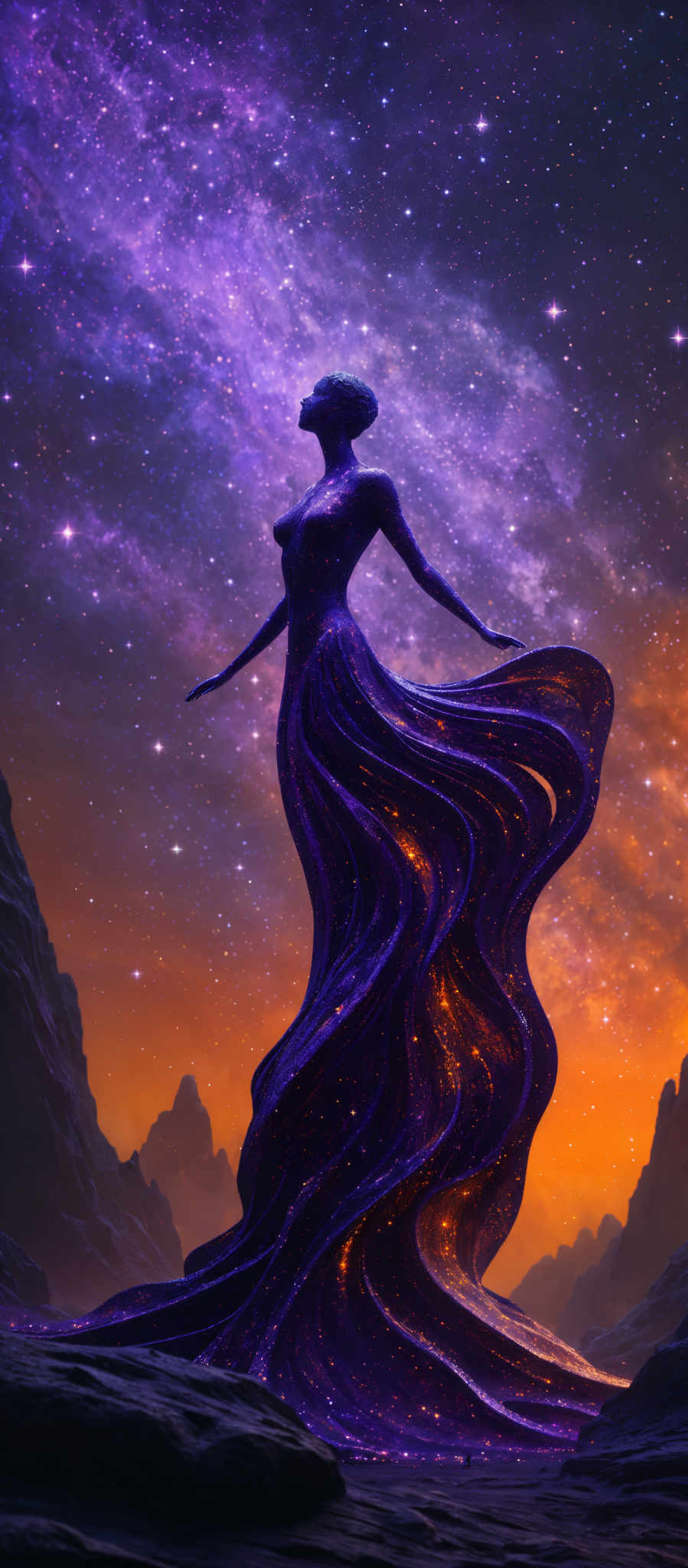 The image showcases a majestic figure, possibly a deity or a celestial being, standing against a backdrop of a starry night sky. The figure is adorned with a flowing, wavy dress that seems to be made of a luminescent material, emanating a radiant purple and gold glow. The dress appears to be intertwined with the figure, almost as if it's a part of her being. The sky above is a breathtaking display of purple, blue, and gold, with numerous stars scattered throughout. The horizon reveals a silhouette of rocky mountains, adding depth to the scene.