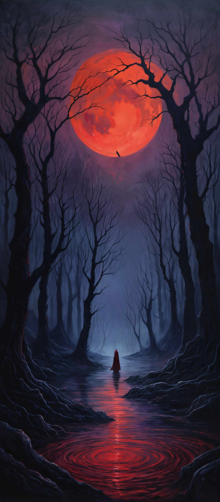 The image showcases a surreal and atmospheric scene. Dominated by deep purples and blues, the sky is filled with a large, vibrant, and fiery orange moon. The moon casts a glow on the surrounding landscape, illuminating the bare, twisted trees that stand tall and seem to reach out towards the sky. The ground is covered with a reflective, watery surface, mirroring the colors of the sky and the silhouette of the trees. A solitary figure, draped in a red cloak, stands near the center of the image, adding a touch of human presence to the otherwise wild and untamed landscape.