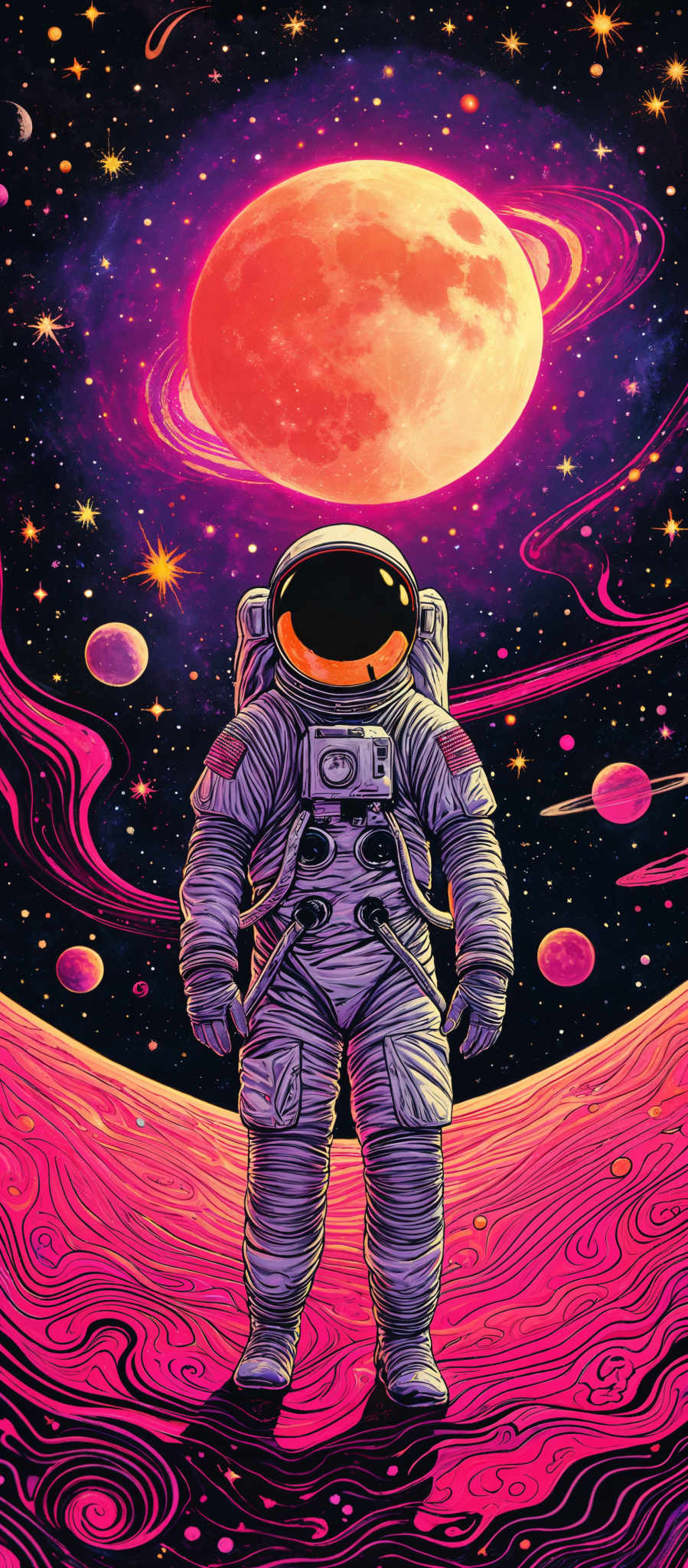 The image showcases a vibrant cosmic scene with a dominant pink and purple hue. At the center, there's a large, radiant orange planet with visible rings. Surrounding the planet are various celestial bodies, including smaller planets, stars, and nebulae. Above the planet, there are swirling patterns of pinkish-purple clouds. In the foreground, an astronaut stands on a textured surface that resembles a planet's surface, with wavy patterns in shades of pinks and purples. The astronaut is fully suited, with a reflective visor and detailed equipment on the spacesuit.