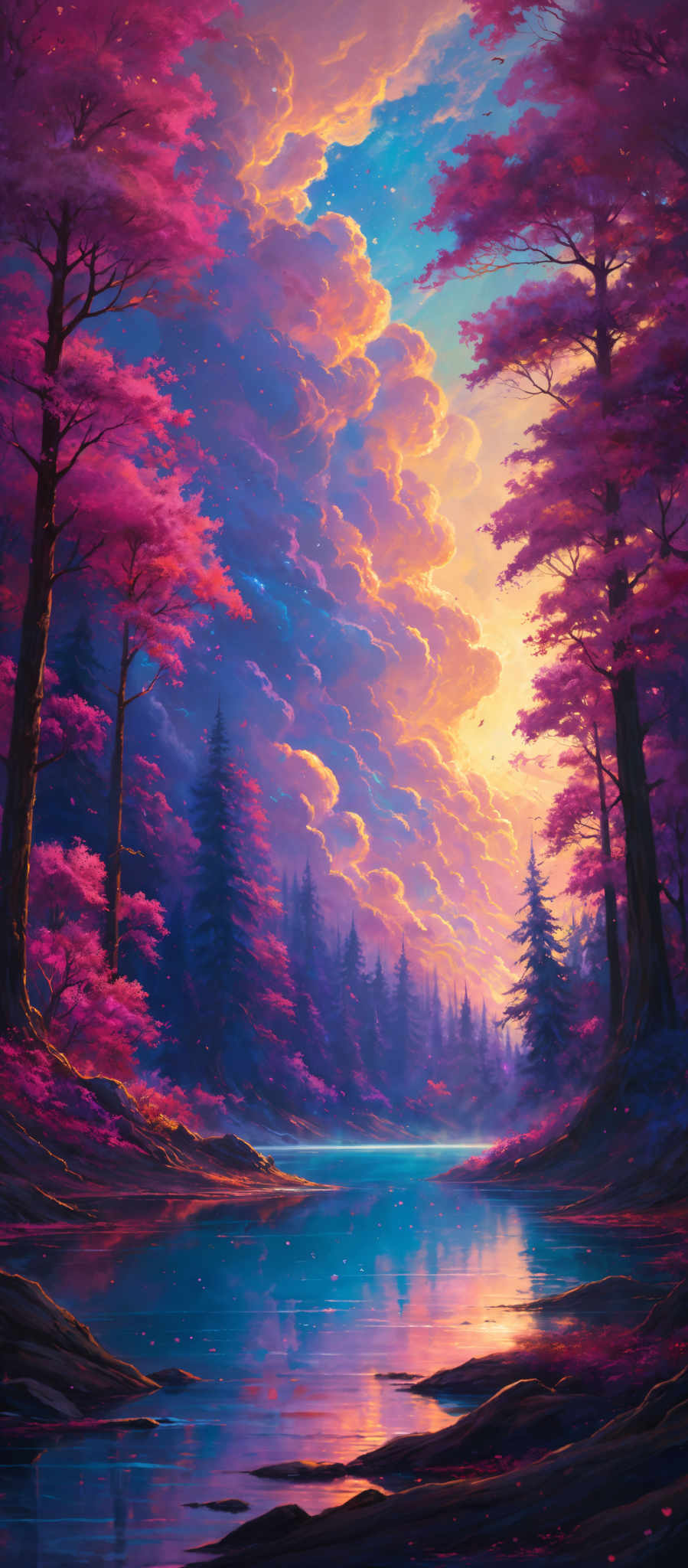 The image showcases a breathtaking landscape with vibrant colors. Dominating the scene are tall trees with pinkish-red foliage, contrasting beautifully with the deep blue and purple hues of the sky. The sky is painted with swirling clouds in shades of orange, pink, and blue, suggesting either a sunrise or sunset. A serene body of water reflects the colors of the trees and the sky, adding depth to the scene. The overall ambiance is one of tranquility and wonder.