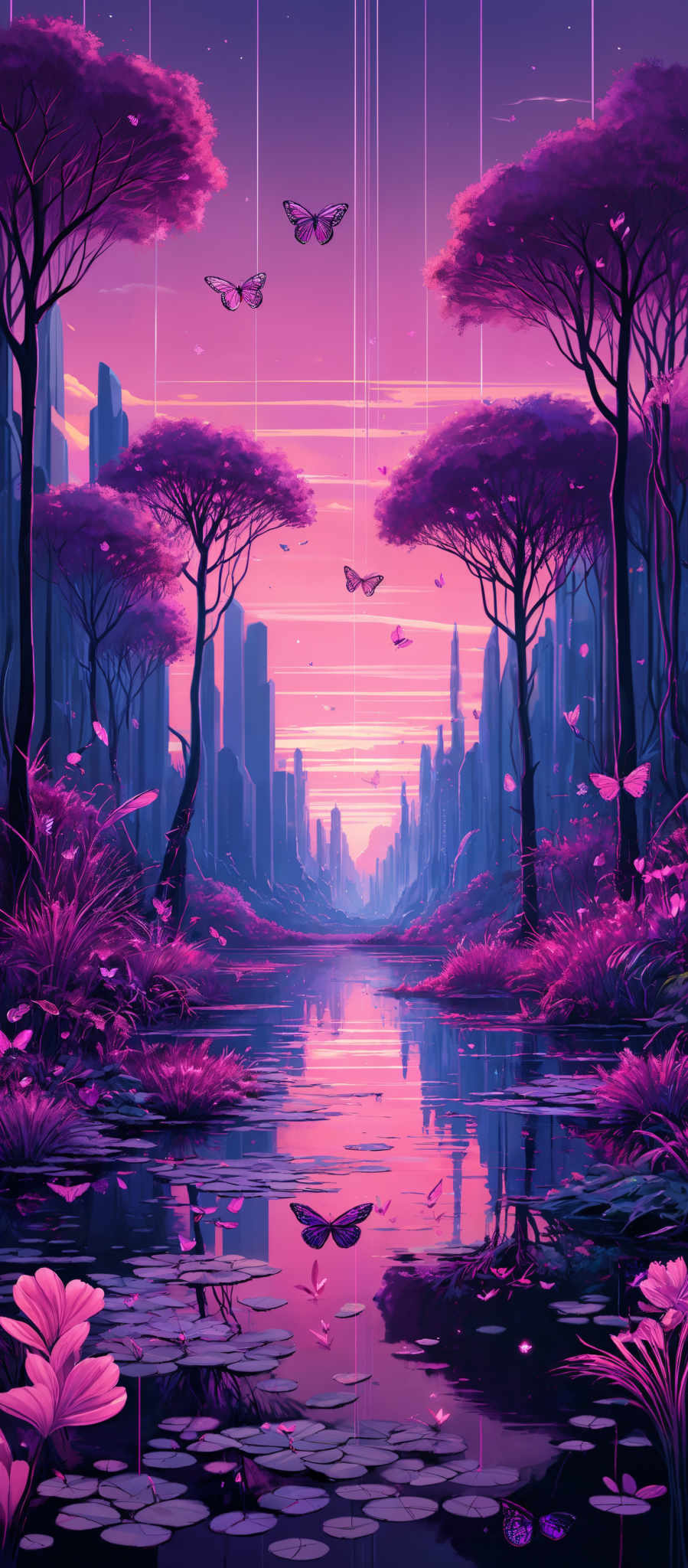 The image showcases a vibrant and surreal landscape. Dominated by shades of pink, purple, and blue, the scene features tall, slender trees with pink canopies. These trees are situated beside a serene body of water that reflects the surrounding environment. The sky is painted in hues of pinks and purples, suggesting either a sunrise or sunset. Butterflies of various sizes and colors flutter around, adding to the dreamy ambiance. In the distance, there are silhouettes of tall buildings, possibly representing a cityscape, juxtaposed against the natural beauty of the foreground.