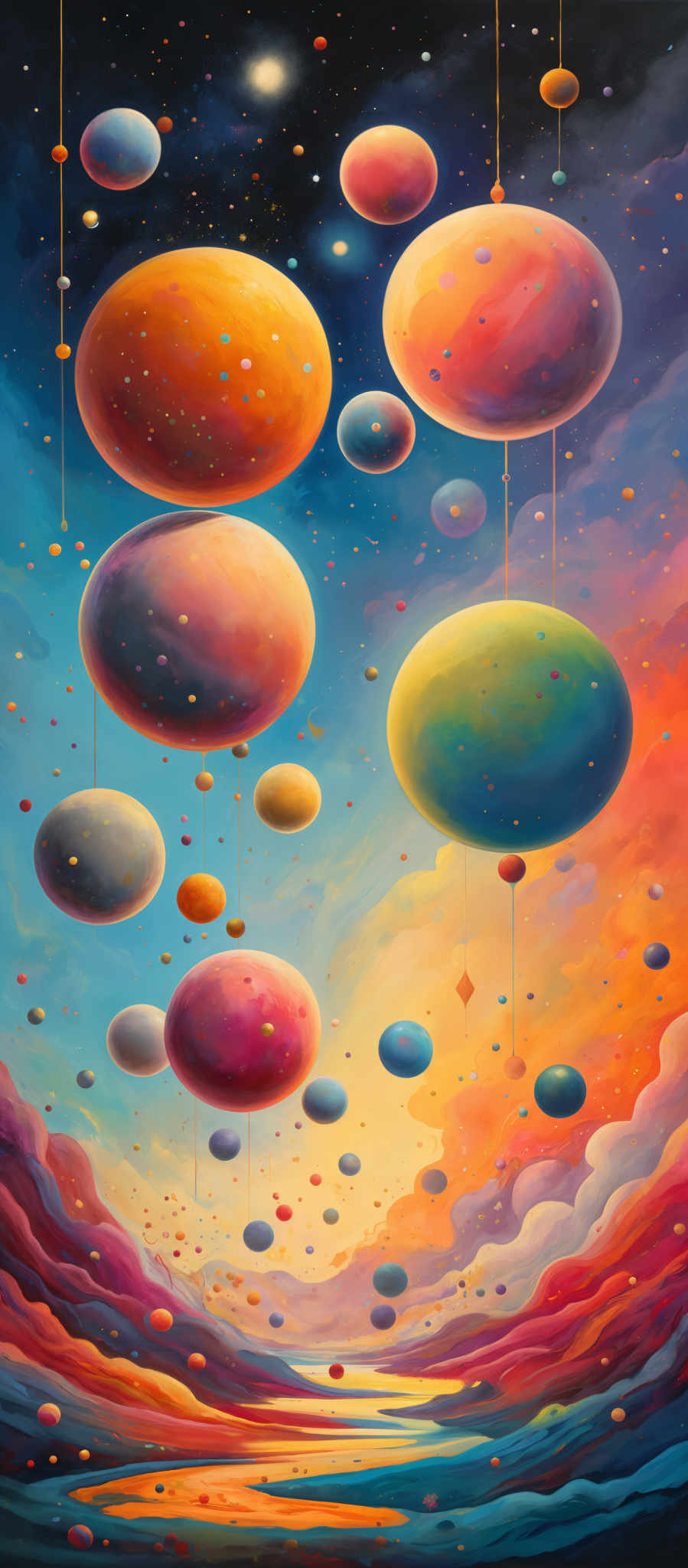 The image showcases a vibrant and colorful cosmic scene. There are various sized, multicolored orbs or planets floating in the space. These orbs have a smooth, almost gelatinous texture and are adorned with speckles of different colors. The background is a deep blue, representing the vastness of space, and is dotted with stars. Below the orbs, there's a landscape with wavy, multifaceted clouds in hues of orange, pink, and blue. The clouds seem to be reflecting the colors of the orbits above. The overall ambiance of the image is dreamy and otherworldly.