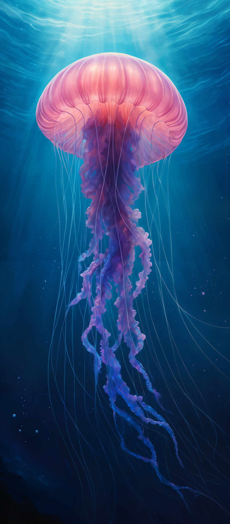 The image showcases a vibrant jellyfish floating in the deep blue waters of the ocean. The jelly fish has a translucent, almost iridescent pinkish-red hue with delicate, long tentacles trailing behind. The tentacles are tinged with shades of purple and blue, giving them a mesmerizing appearance. The background is dominated by the deep, dark blue of the water, with light rays filtering down from the surface, creating a shimmering effect.