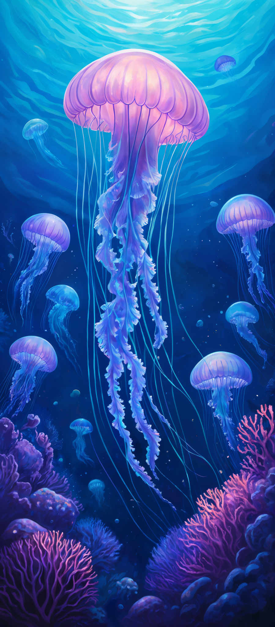 The image showcases a vibrant underwater scene dominated by various shades of blue and purple. The main focus is a large, translucent jellyfish with a pinkish hue, floating gracefully with its long, delicate tentacles trailing behind. Surrounding the jelly fish are smaller jellyfishe, some of which are translucently blue, while others have a more vibrantly colored appearance. The ocean floor is adorned with coral formations in shades ranging from deep purple to bright pink, creating a mesmerizing contrast against the deep blue backdrop of the ocean.