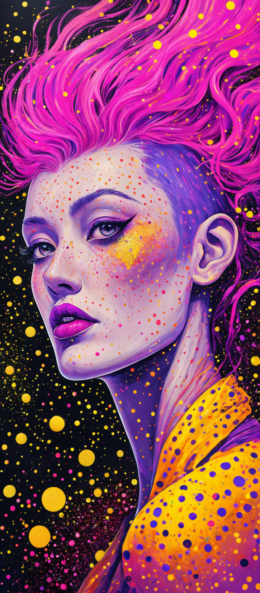 The image showcases a vibrant portrait of a woman with striking features. She has a pink, voluminous hair that flows upwards, giving an impression of it being lifted by an external force or possibly the wind. Her skin is adorned with numerous multicolored freckles, predominantly in shades of yellow, orange, and pink. Her eyes are a deep shade of blue, and her lips are painted in a bold shade, matching the color of her hair. The background is a dark canvas sprinkled with numerous colorful dots, resembling a starry night or a galaxy.