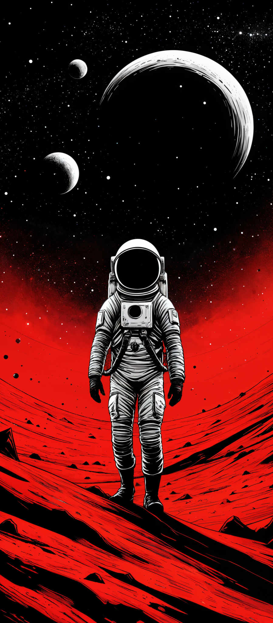 The image predominantly features a deep red hue, representing a barren, rocky landscape. Above the landscape, there's a vast expanse of space filled with stars. Dominating the upper portion of the image is a large, ringed planet or moon. Surrounding this celestial body are smaller, spherical planets or moons. In the foreground, an astronaut stands, fully suited, with a helmet obscuring their face. The astronaut's suit is detailed with various equipment and patches.