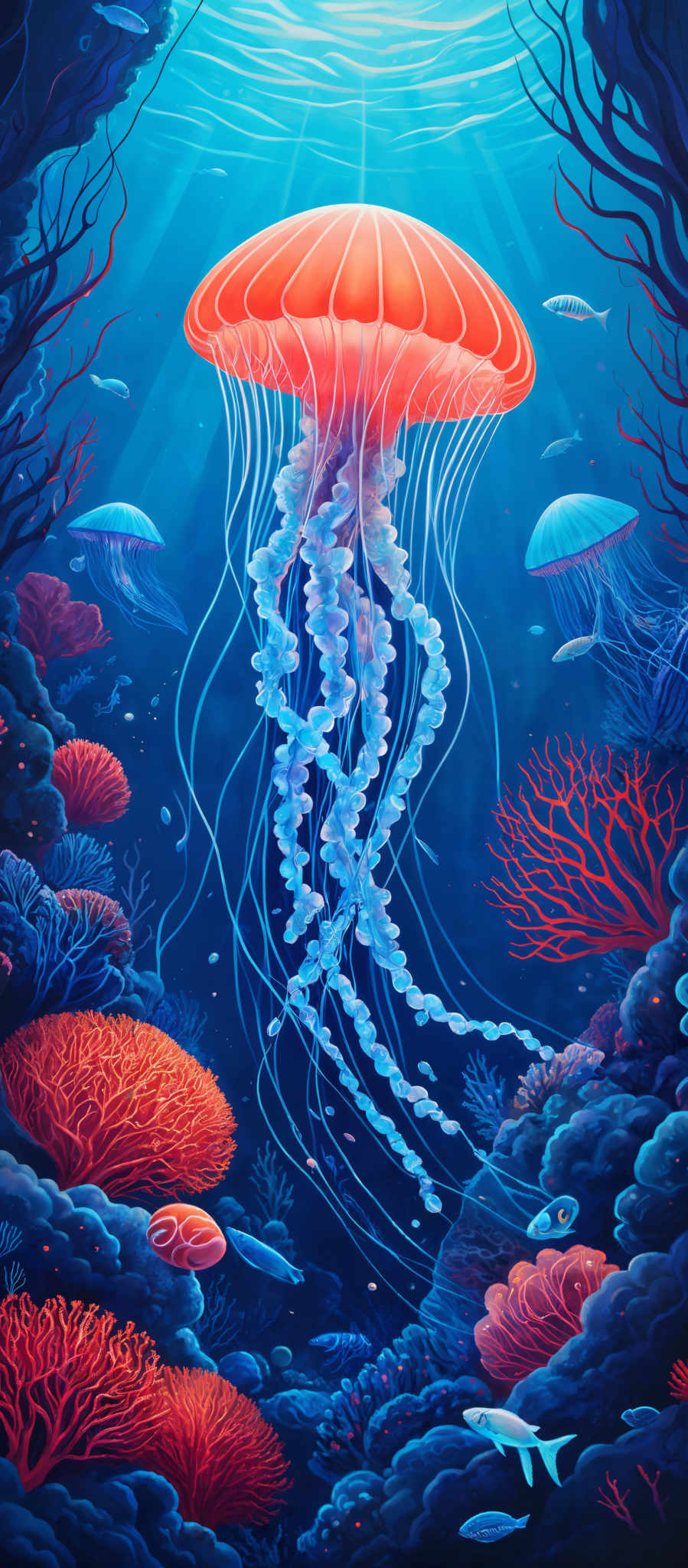 The image showcases a vibrant underwater scene. Dominating the center is a large, translucent jellyfish with an orange hue, its tentacles trailing gracefully downwards. Surrounding the jelly fish are various marine creatures, including fish of different sizes and colors. The background is a deep blue, representing the vastness of the ocean. The seabed is adorned with corals in shades of red, orange, and purple, creating a colorful contrast against the darker waters above. The overall ambiance of the image is serene and mystical, capturing the beauty and mystery of the deep sea.