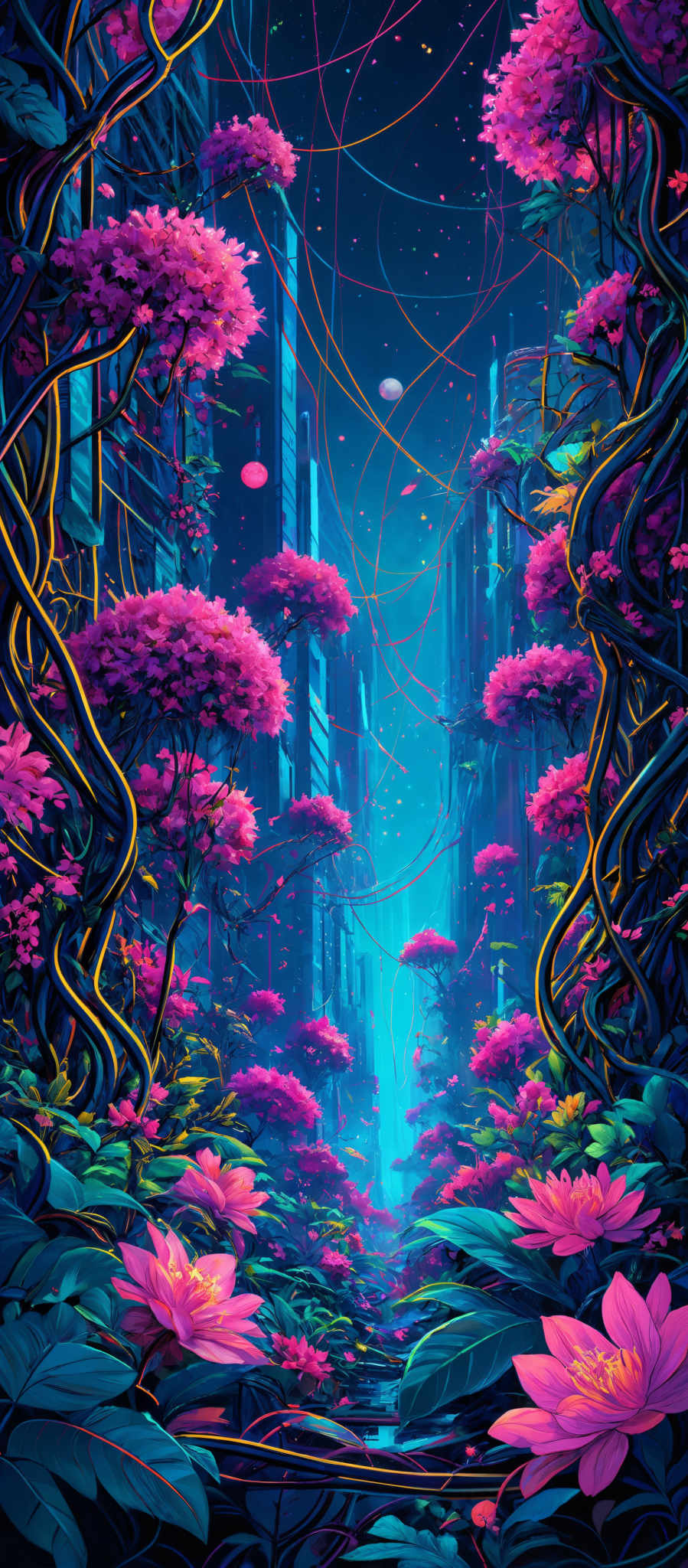 The image showcases a vibrant and surreal landscape. The dominant colors are shades of blue, pink, and green. The landscape is dominated by tall, slender trees with pink blossoms, intertwined with golden-yellow vines. The ground is covered with lush green leaves and pink flowers. In the background, there are tall, futuristic-looking buildings, illuminated by blue lights. The sky is filled with floating orbs and stars, adding to the dreamlike atmosphere.