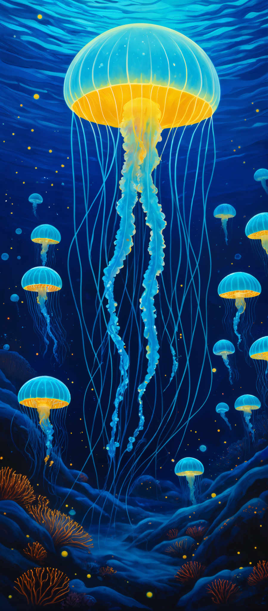 The image showcases a vibrant underwater scene dominated by a large, luminescent jellyfish with a translucent, dome-shaped body and long, delicate tentacles. The jelly fish emits a radiant glow from its center, illuminating the surrounding waters. Surrounding the main jelly are smaller, similar jelly creatures, all glowing with a similar luminescence. The water is depicted in deep blue hues, with tiny, golden particles floating around, possibly representing bioluminescent plankton. The ocean floor is visible at the bottom, adorned with coral formations in shades of orange and brown.