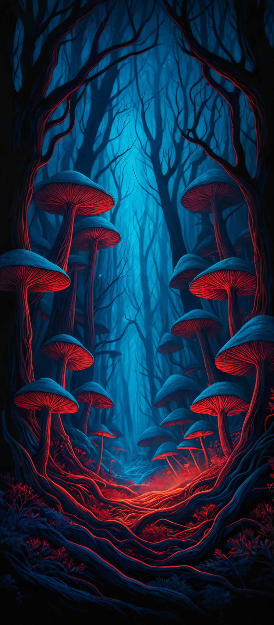 The image showcases a mystical forest with tall, twisted trees that form an archway. The trees have a dark, almost black hue, and their branches are intricately intertwined. Beneath the trees, there's a pathway that is illuminated with a vibrant blue light, giving the impression of a magical or otherworldly aura. The ground is covered with large, oversized mushrooms that have a reddish-orange hue with a smooth, shiny cap. The mushroom stems are thick and appear to be rooted in the ground. The entire scene is enveloped in a deep blue mist, adding to the enigmatic and dreamlike quality of the image, making it seem like a scene from a fantasy or fairy tale.