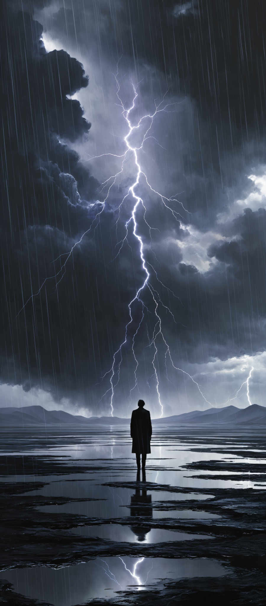 The image predominantly features dark and moody tones. The sky is filled with heavy, ominous clouds, and there's a vivid display of lightning bolts striking down. The lightning is bright white and contrasts sharply with the dark gray and black of the clouds. Below, there're pools of water reflecting the sky and the lightning. A solitary figure stands in the foreground, facing the storm, and is also reflected in the water. The figure appears to be wearing a long coat and a hat, adding to the dramatic atmosphere.