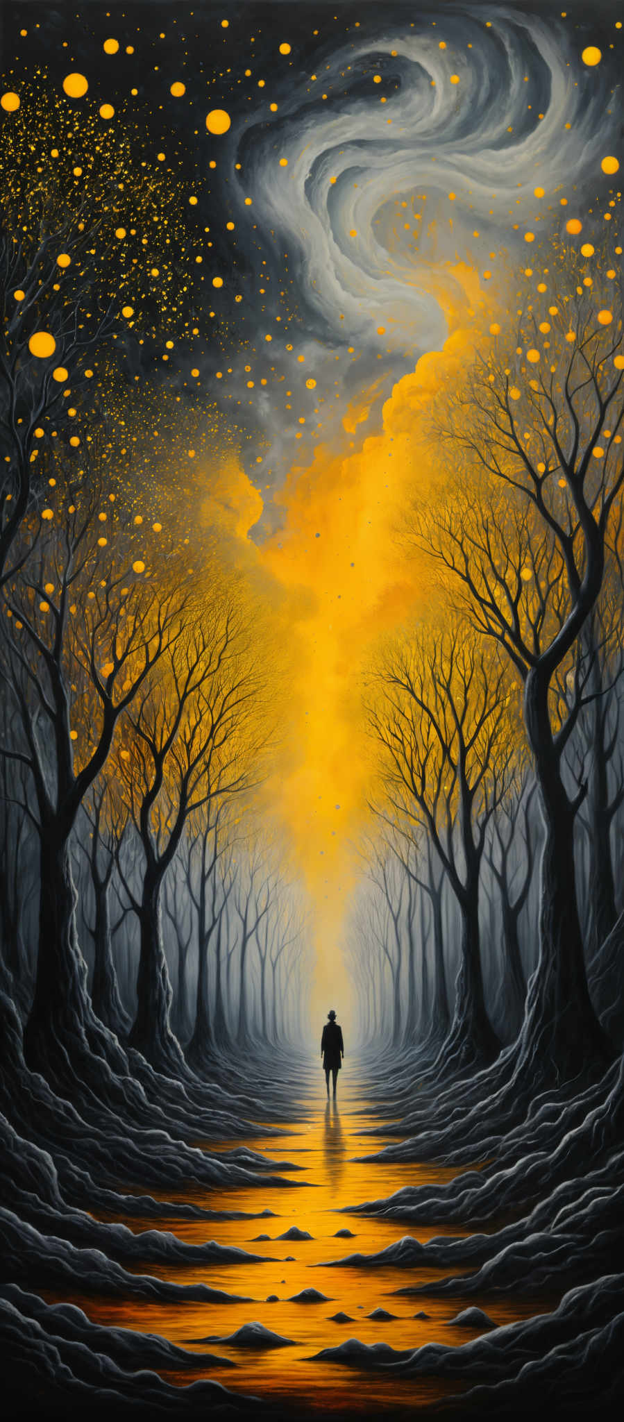 The image showcases a surreal and atmospheric scene. The dominant colors are shades of black, gray, and gold. The sky is painted in swirling patterns of gray and gold, with numerous golden orbs or fireflies scattered throughout. Below, there's a pathway that reflects the golden hues of the sky, leading to a distant figure. The trees on either side of the pathway are tall and barren, with their branches extending outwards in intricate patterns. The ground appears to be made of intertwined roots or branches, adding to the mystical ambiance of the scene.