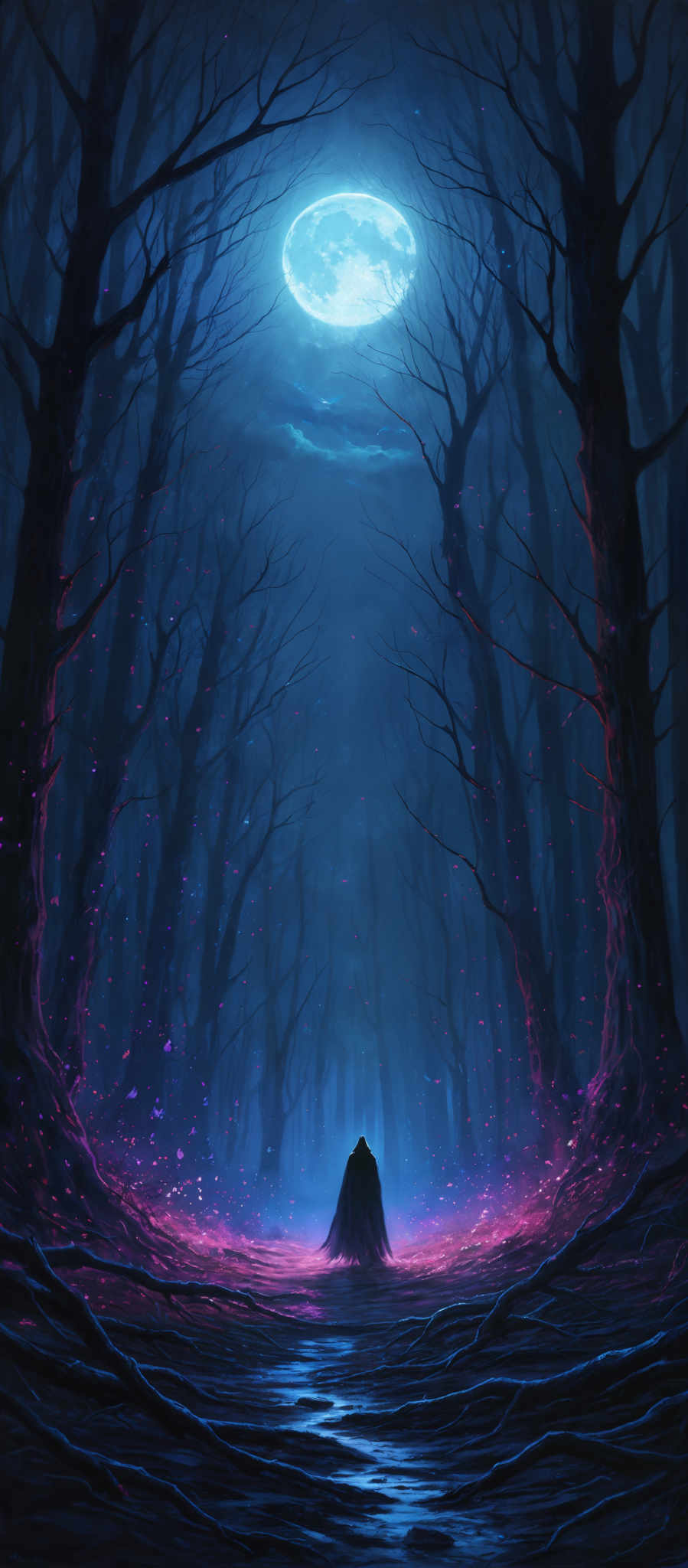 The image showcases a dark, enchanting forest with tall, slender trees whose branches stretch upwards. The ground is covered with a mix of blue and purple hues, possibly representing a moonlit night or some magical element. A bright, glowing moon is prominently displayed in the center, casting a soft light over the scene. The forest floor is strewn with pinkish-purple petals or leaves, adding to the mystical ambiance. In the distance, a solitary figure, possibly a traveler or a wanderer, stands facing the moon, adding a sense of scale and contemplation to the scene, making one wonder about their journey or purpose in such a place.