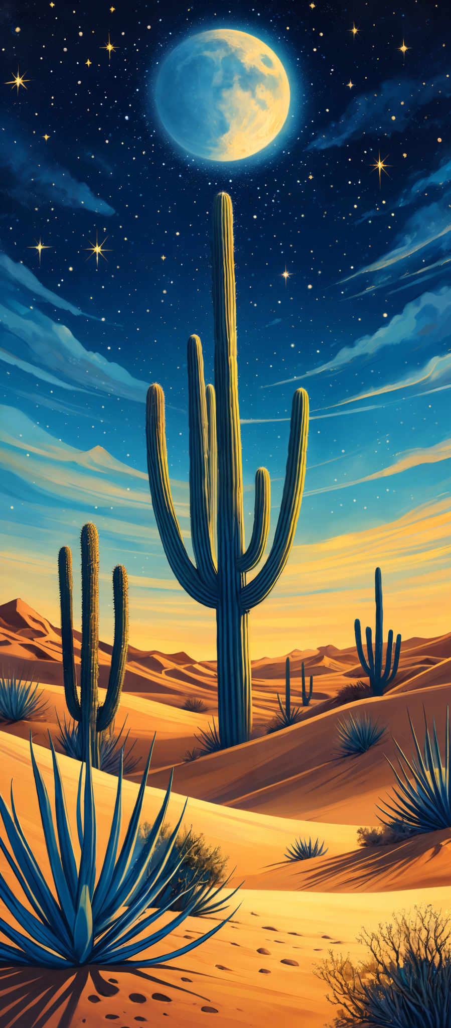 The image showcases a vibrant nighttime desert landscape. The sky is painted in deep blues and is adorned with a large, luminous moon and numerous stars. The ground is covered in golden sand dunes, with a prominent cactus in the center. The cacti have a tall, slender shape with multiple arms. The foreground features agave plants with sharp, blue leaves. The horizon displays a gradient of colors, transitioning from the warm golden hues of the dunes to the cooler blues of space.