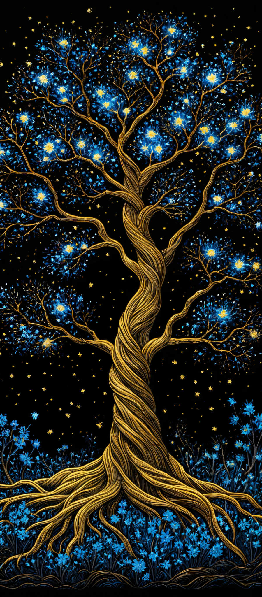 The image showcases a vibrant and intricate tree with twisted and intertwined branches. The tree's leaves are a radiant shade of blue, resembling glowing stars or fireflies. The background is a deep black, which contrasts beautifully with the luminescent blue leaves and the golden roots of the tree. The overall aesthetic gives a feeling of a magical or otherworldly night scene.