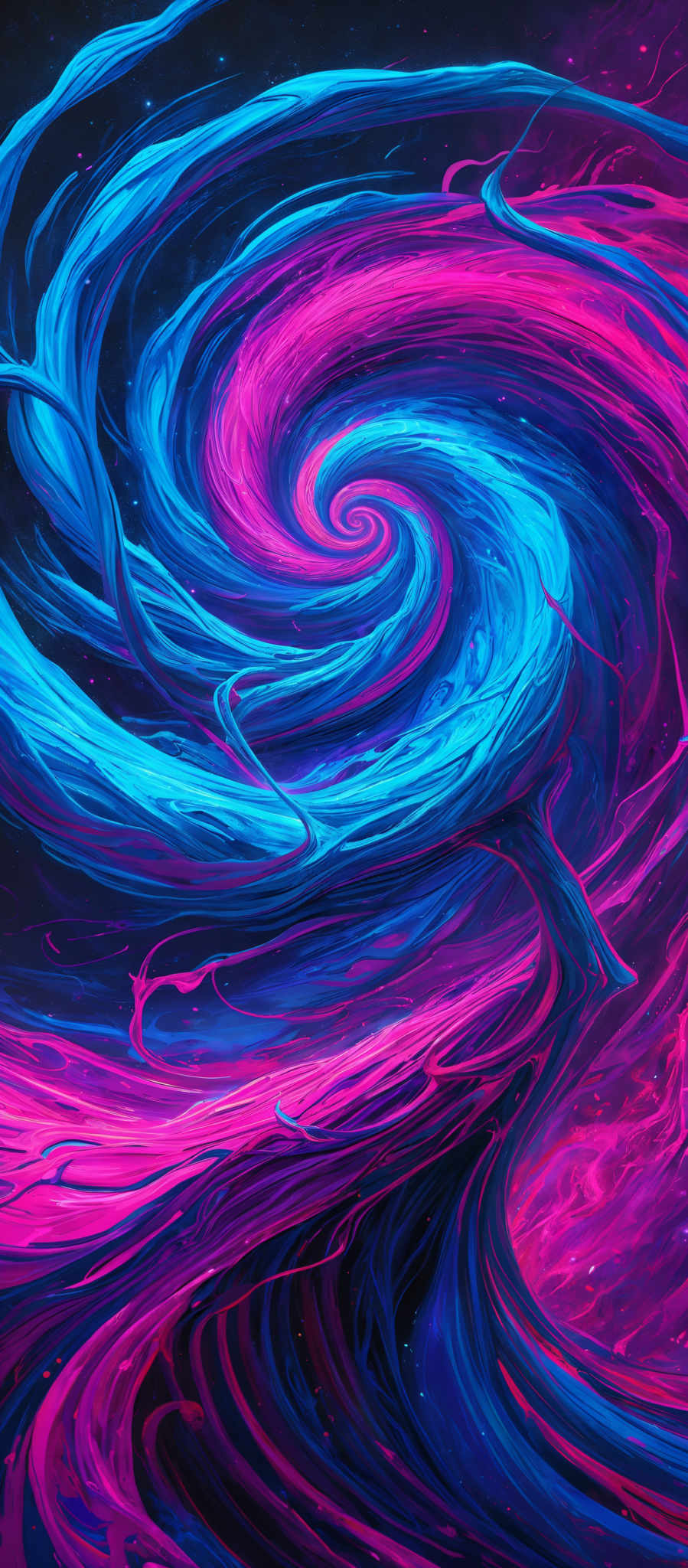 The image showcases a vibrant and dynamic swirl of colors. The predominant colors are shades of blue, pink, and purple. The swirl is reminiscent of a galaxy or a vortex, with the colors flowing and intertwining in a mesmerizing pattern. The shape is circular, with a central spiral that seems to be pulling everything into its center. The background is dark, possibly representing space, with specks of light that could be stars or distant galaxies.