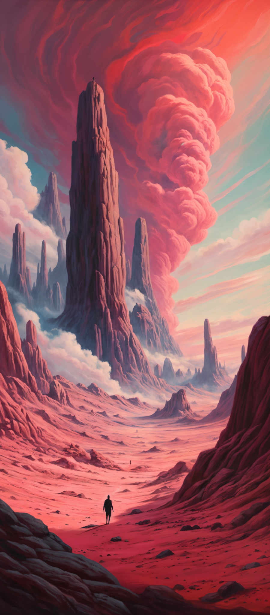 The image showcases a vast and dramatic landscape dominated by towering rock formations. The sky is painted in hues of red, orange, and blue, with swirling cloud patterns that resemble a fiery sunset or a celestial event. The ground is a deep reddish-brown, indicative of a desert or arid terrain. There are a few distant figures, possibly explorers or travelers, walking across the landscape, emphasizing the scale and grandeur of the environment.