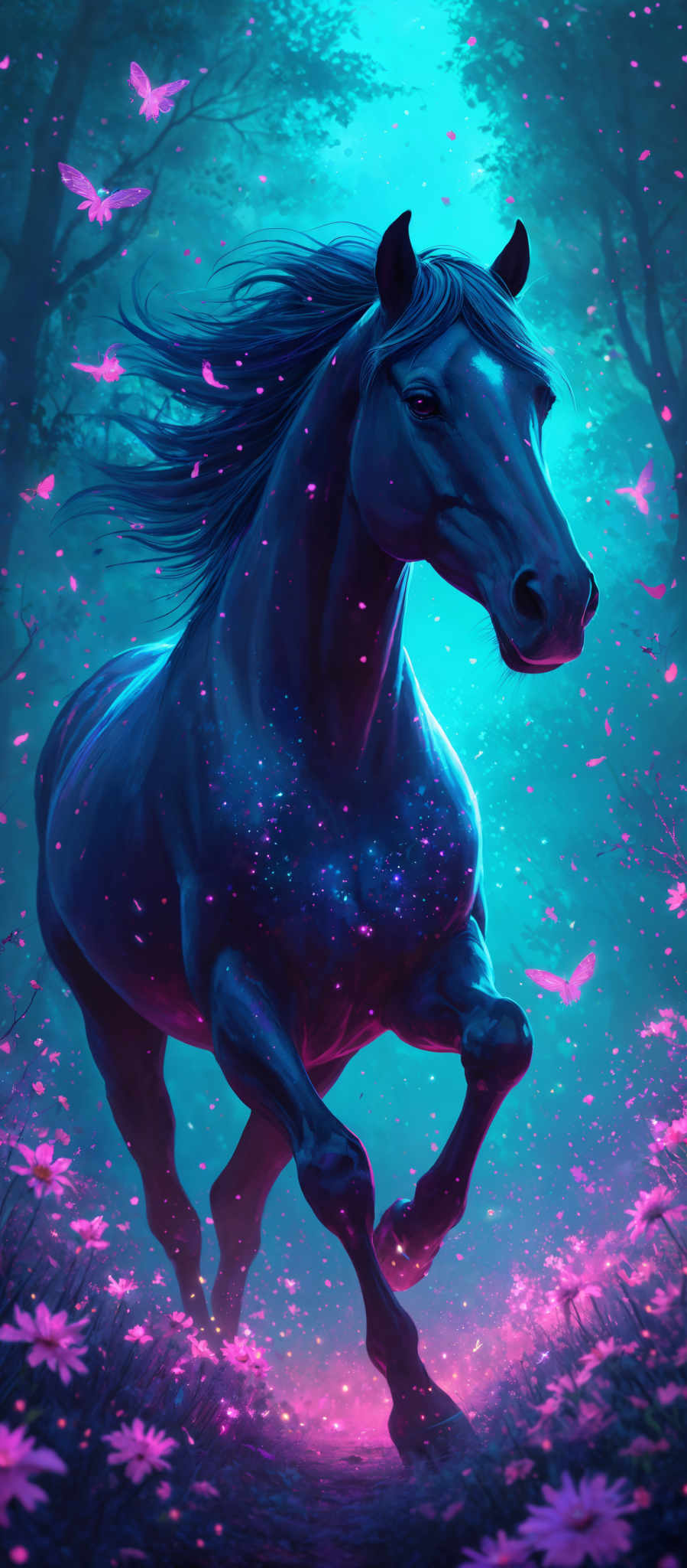 The image showcases a majestic black horse with a flowing mane that appears to be caught in the wind. The horse is set against a vibrant backdrop of a forest with luminescent trees and a cascade of pink petals or leaves. The ground is adorned with pink flowers, and there are pink butterflies fluttering around. The entire scene is bathed in a mystical blue glow, creating an ethereal and magical atmosphere.