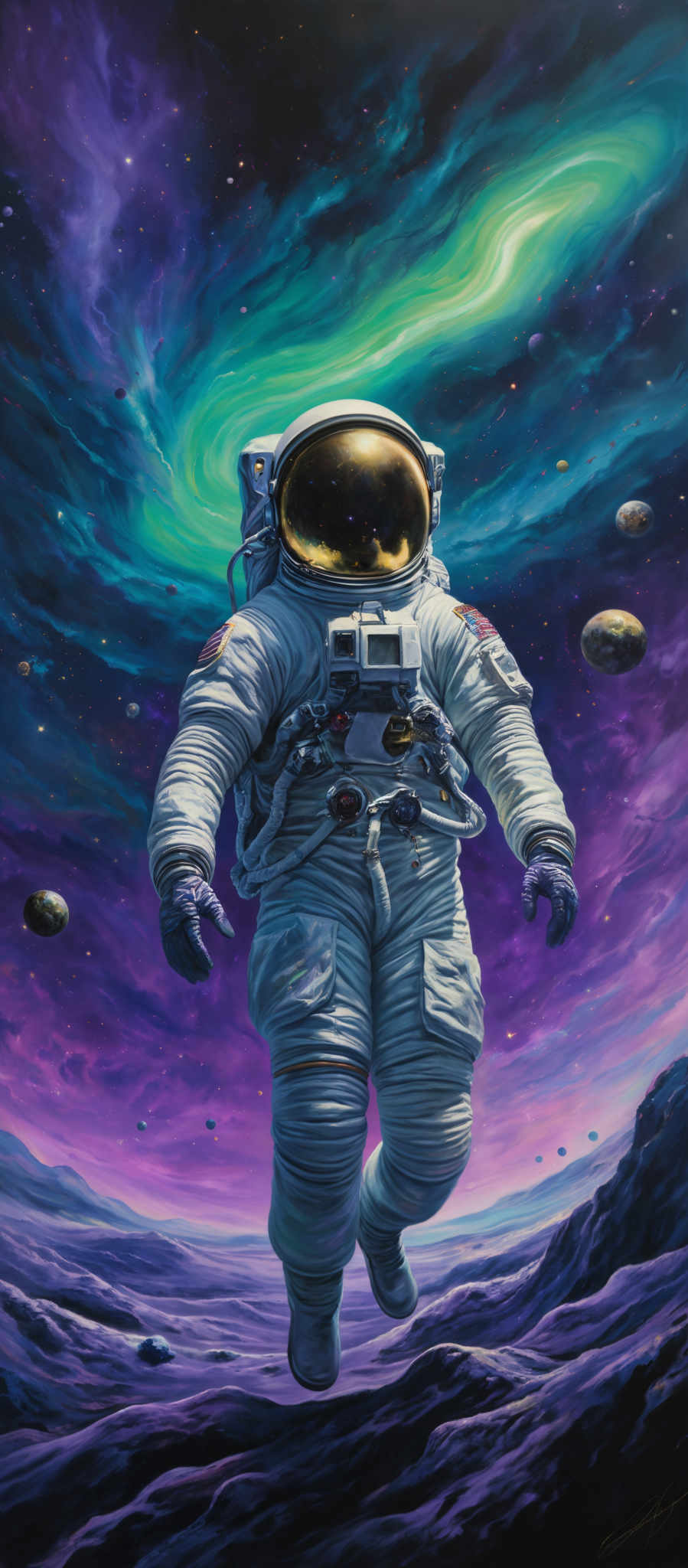 The image showcases a vibrant cosmic scene with swirling nebulae in hues of green, blue, and purple. Dominating the foreground is an astronaut in a spacesuit, floating amidst the celestial backdrop. The astronaut's visor reflects a golden hue, possibly from a nearby star or sun. Surrounding the astronaut are various celestIAL bodies, including planets and moons, floating in the vastness of space.