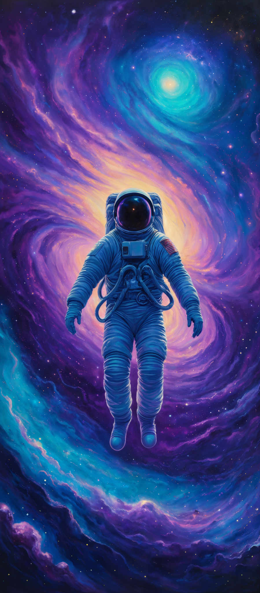 The image showcases a vibrant cosmic scene with swirling galaxies and nebulae in hues of purple, blue, and pink. At the center, there's a luminous white star or possibly a supernova. Floating above this cosmic backdrop is an astronaut in a spacesuit, with a reflective visor and detailed equipment strapped to the suit. The astronaut appears to be in a state of floating or drifting in space.