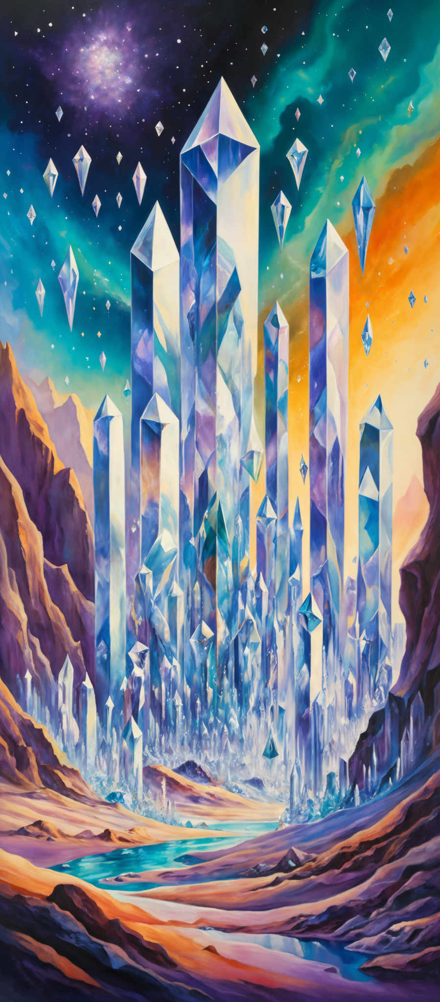 The image showcases a surreal landscape dominated by towering crystal structures that resemble skyscrapers. These crystals are multi-faceted and emit a luminescent glow, reflecting hues of blue, purple, and white. Above the crystalline city, there's a vibrant sky painted with shades of green, blue, and orange, dotted with floating geometric shapes that resembles diamonds or crystalls. The foreground depicts a rugged terrain with rocky outcrops and a serene body of water reflecting the colors of the sky.