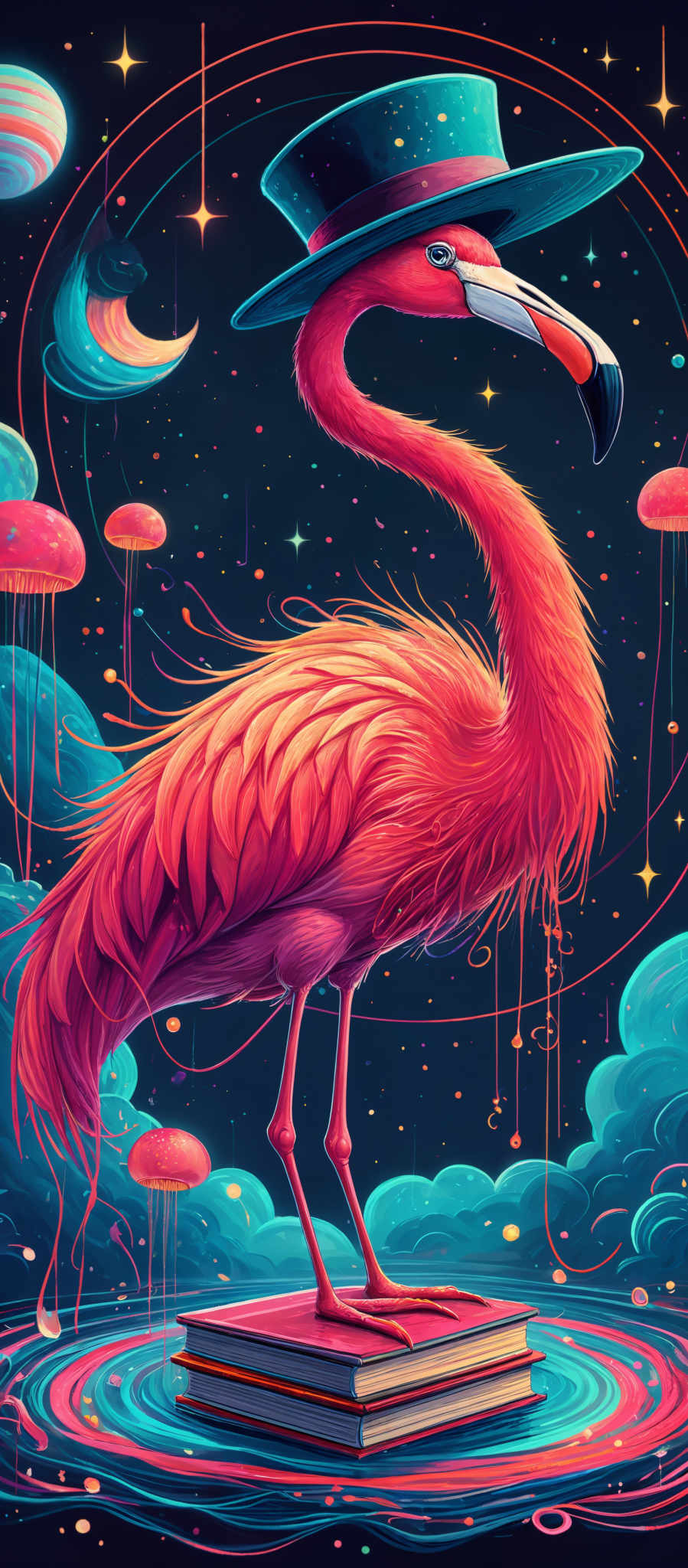 The image showcases a vibrant and colorful cosmic setting. Dominating the center is a flamingo, which is painted in a rich shade of pink and orange. The flamingos beak is sharp and black, and it wears a teal-colored hat. The bird stands atop a pair of books. The background is a deep blue, dotted with various celestial bodies like planets, moons, and stars. There are also floating jellyfish-like objects in the space, and the entire scene is surrounded by swirling cosmic patterns and waves.